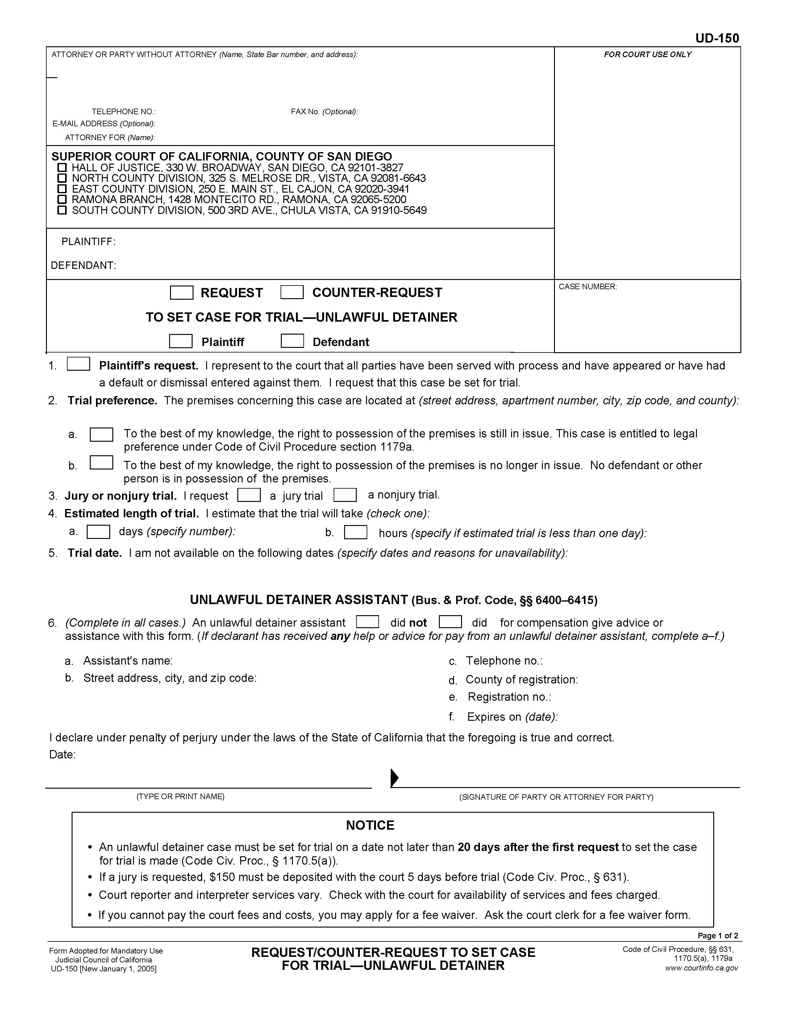 Request-Counter Request To Set Case For Trial-Unlawful Detainer (San Diego) {UD-150} | Pdf Fpdf Doc Docx | California
