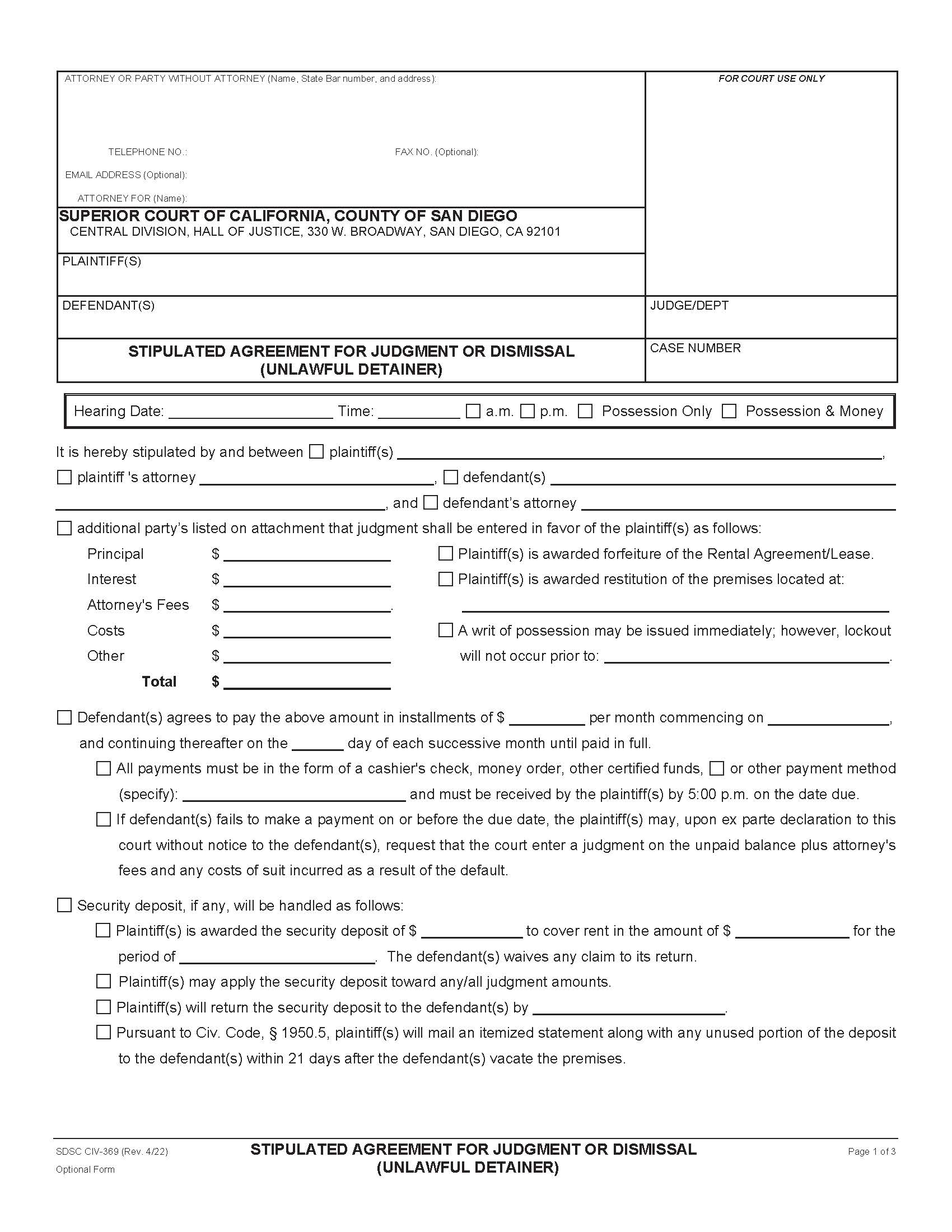 Stipulated Agreement For Agreement For Judgment Or Dismissal (Unlawful Detainer) {CIV-369} | Pdf Fpdf Doc Docx | California