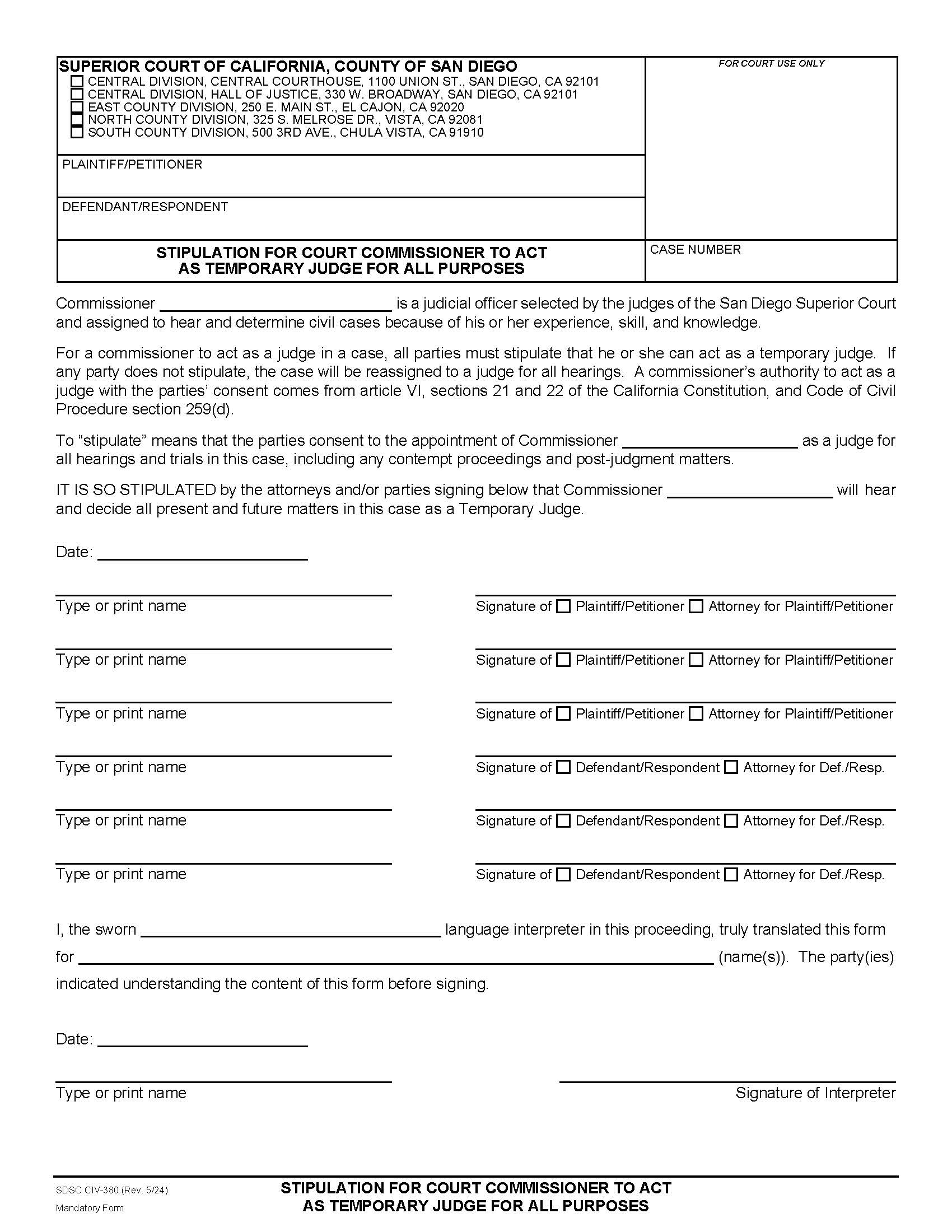 Stipulation For Court Commissioner To Act As Temporary Judge For All Purposes {CIV-380} | Pdf Fpdf Docx | California