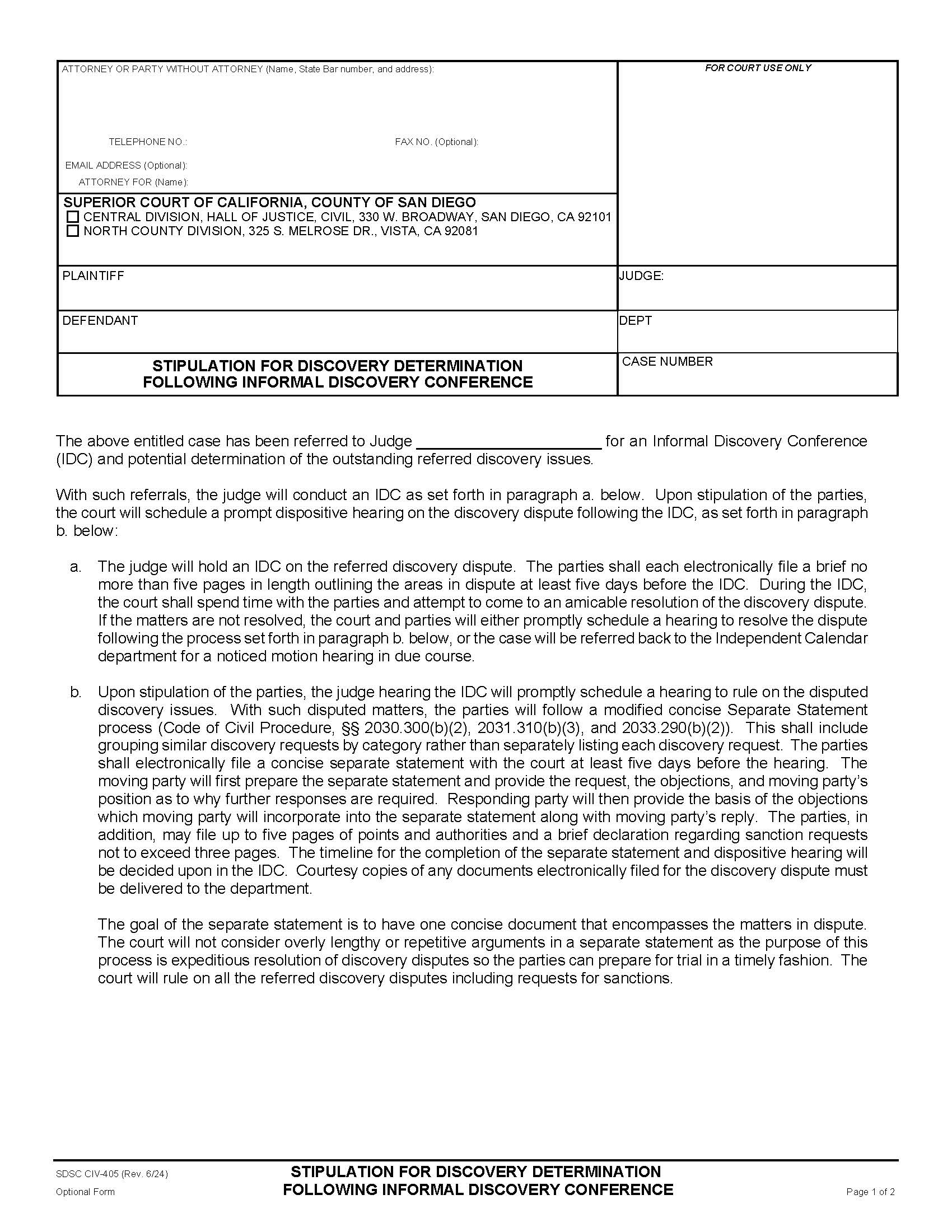 Stipulation For Discovery Determination Following Informal Discovery Conference {CIV-405} | Pdf Fpdf Docx | California