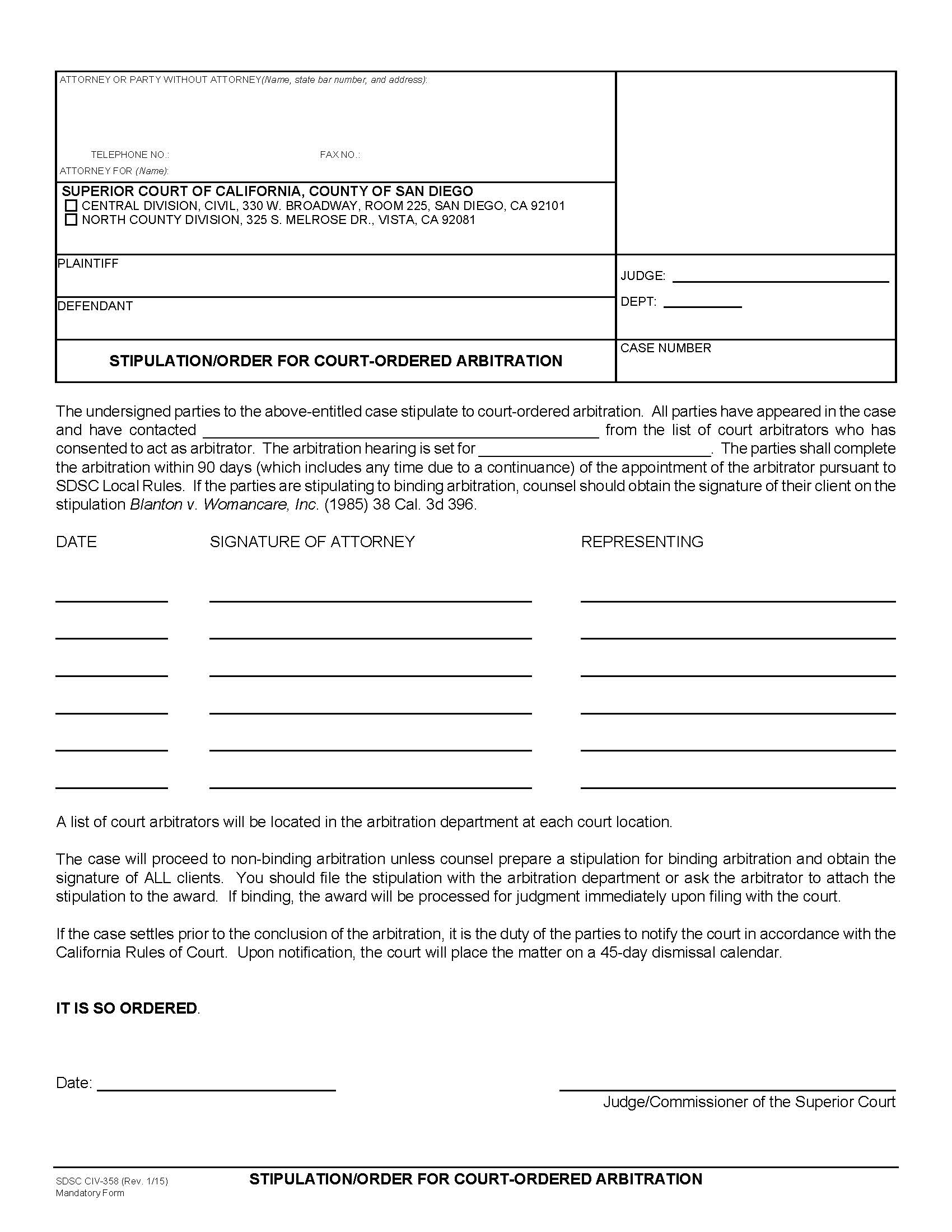 Stipulation Order For Court Ordered Arbitration {CIV-358} | Pdf Fpdf Doc Docx | California