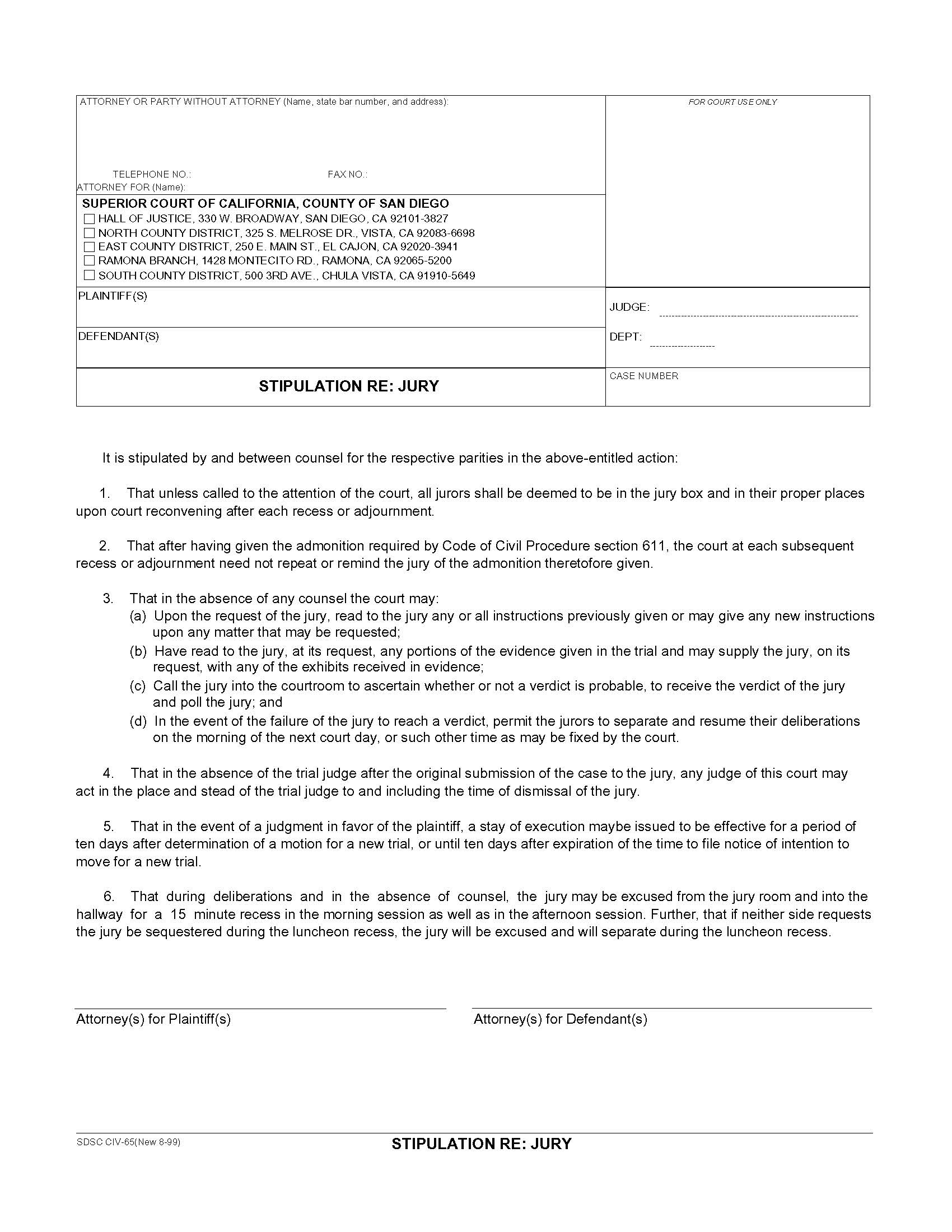 Stipulation Re Jury {CIV-65} | Pdf Fpdf Doc Docx | California