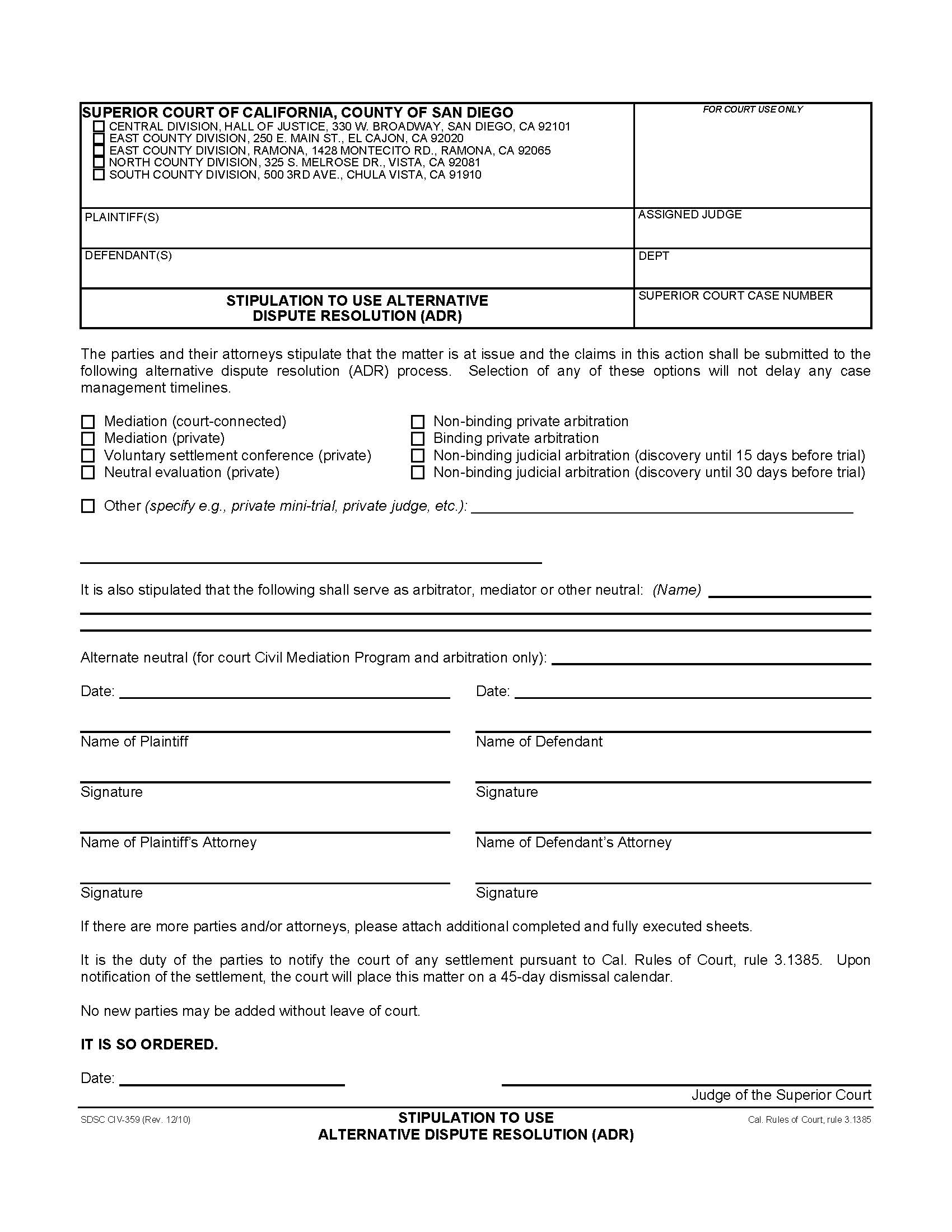 Stipulation To Use Of Alternative Dispute Resolution Process {CIV-359} | Pdf Fpdf Doc Docx | California