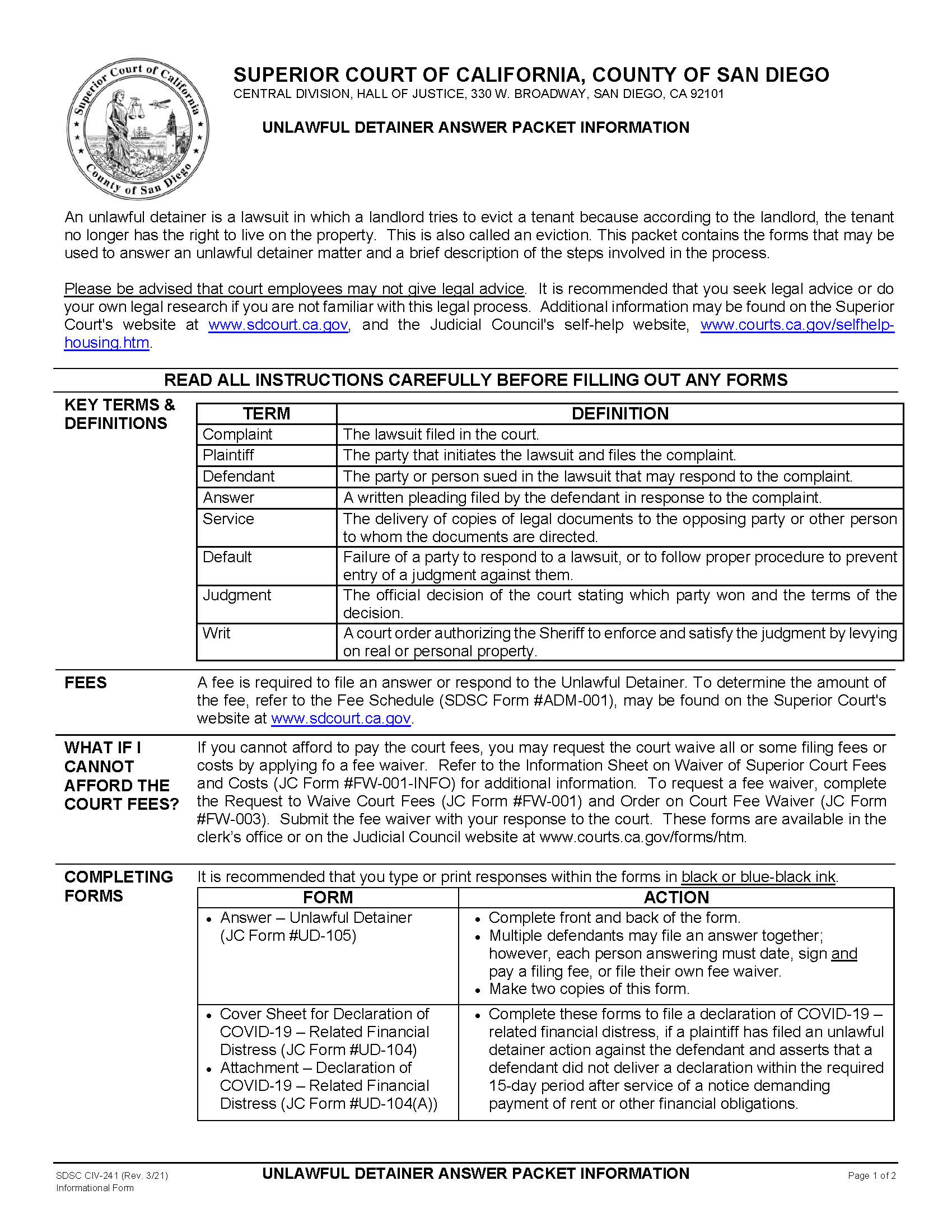 Unlawful Detainer Answer Packet Information {CIV-241} | Pdf Fpdf Doc Docx | California