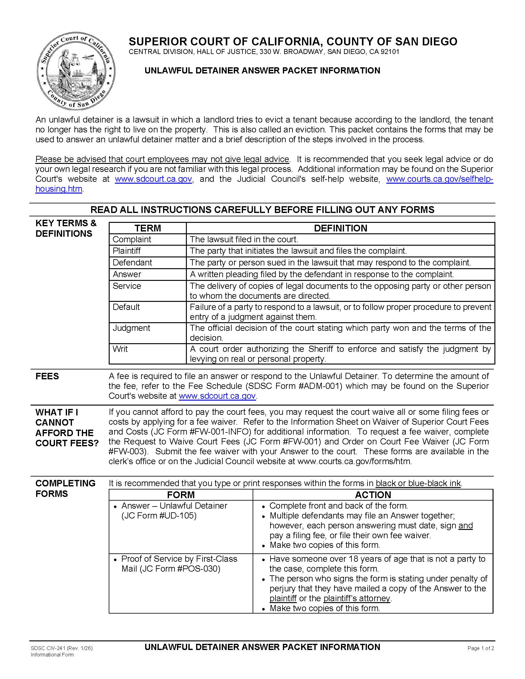 Unlawful Detainer Answer Packet Information {CIV-241} | Pdf Fpdf Doc Docx | California