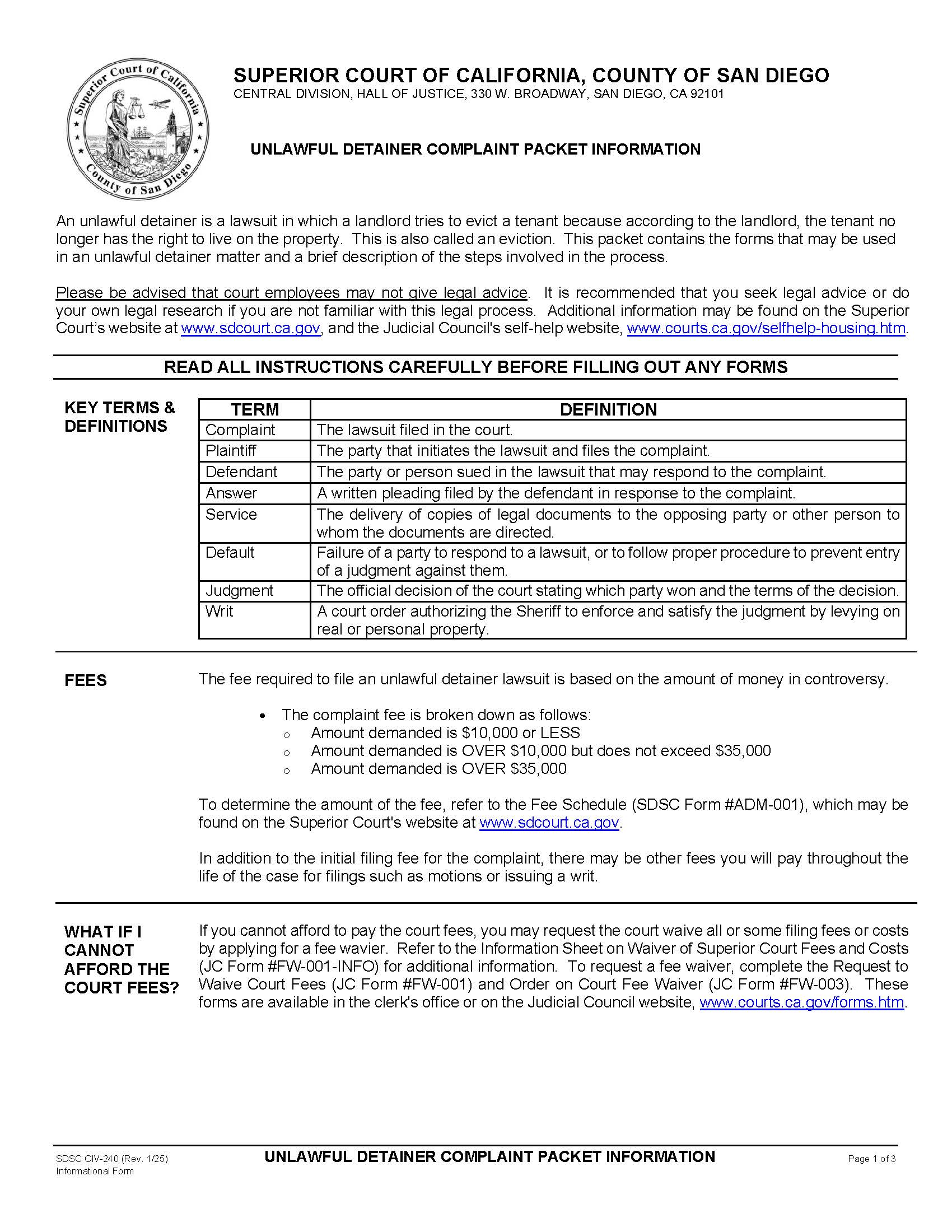 Unlawful Detainer Complaint Packet Information {CIV-240} | Pdf Fpdf Doc Docx | California