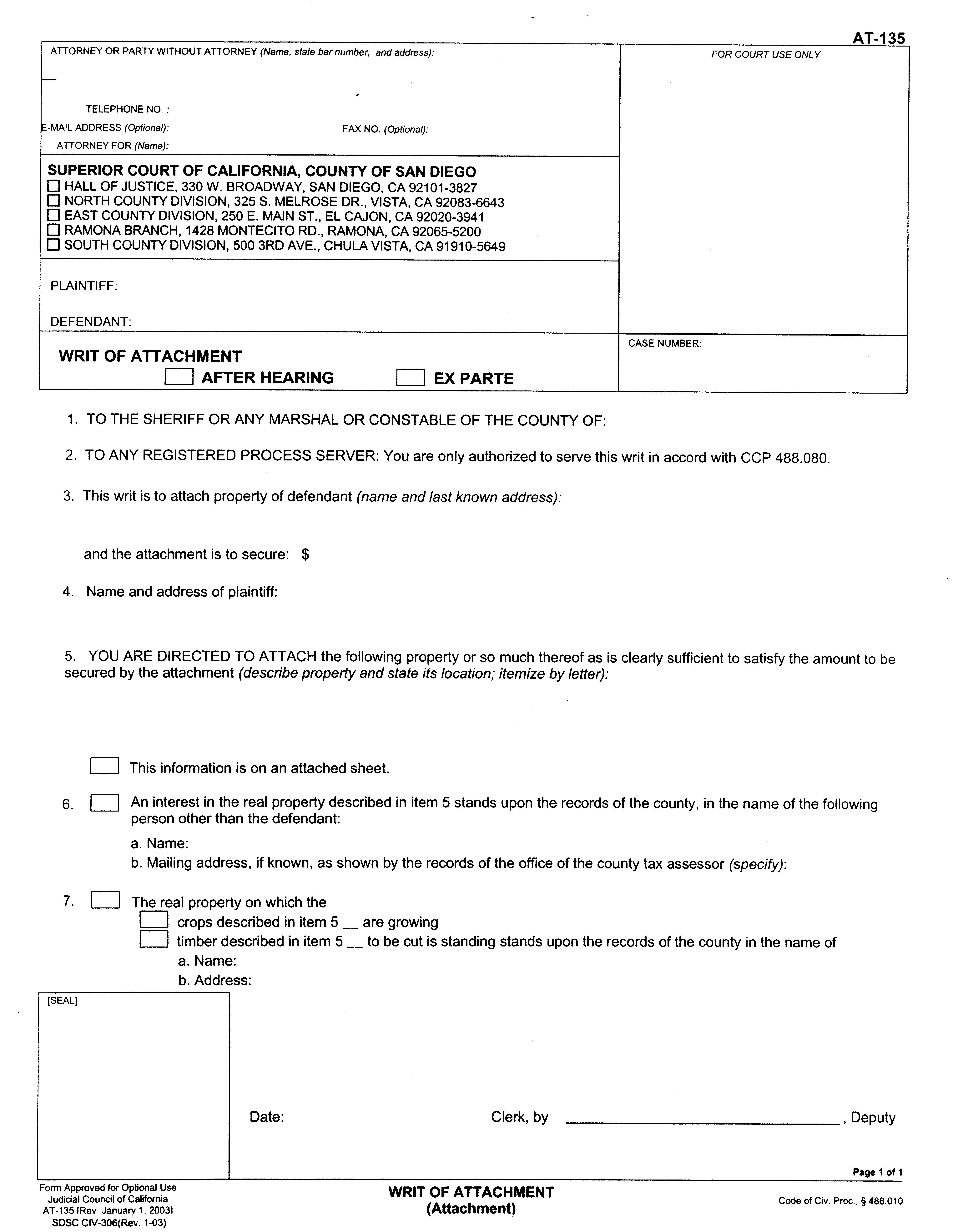 Writ Of Attachment Attachment (San Diego) {CIV-306} | Pdf Fpdf Doc Docx | California