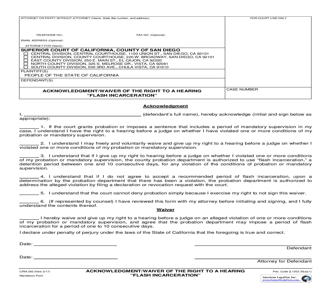 Acknowledgment-Waiver Of The Right To A Hearing Flash Incarceration {CRM-292} | Pdf Fpdf Doc Docx | California