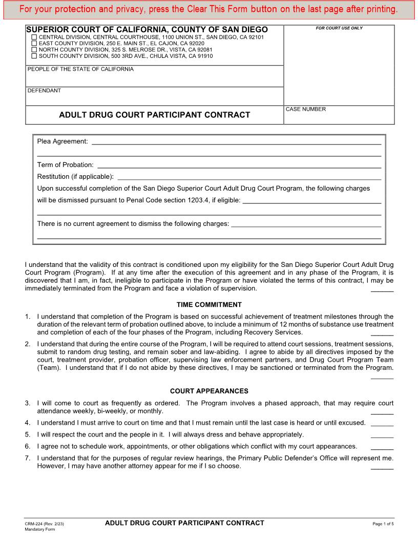 Adult Drug Court Participant Contract {CRM-224} | Pdf Fpdf Docx | California