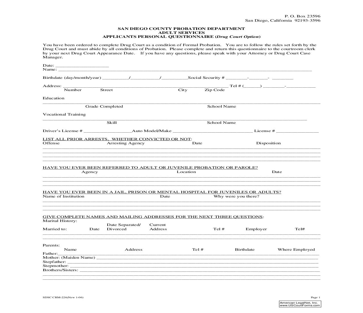 Applicants Personal Questionnaire (Drug Court Option) {CRM-226} | Pdf Fpdf Doc Docx | California