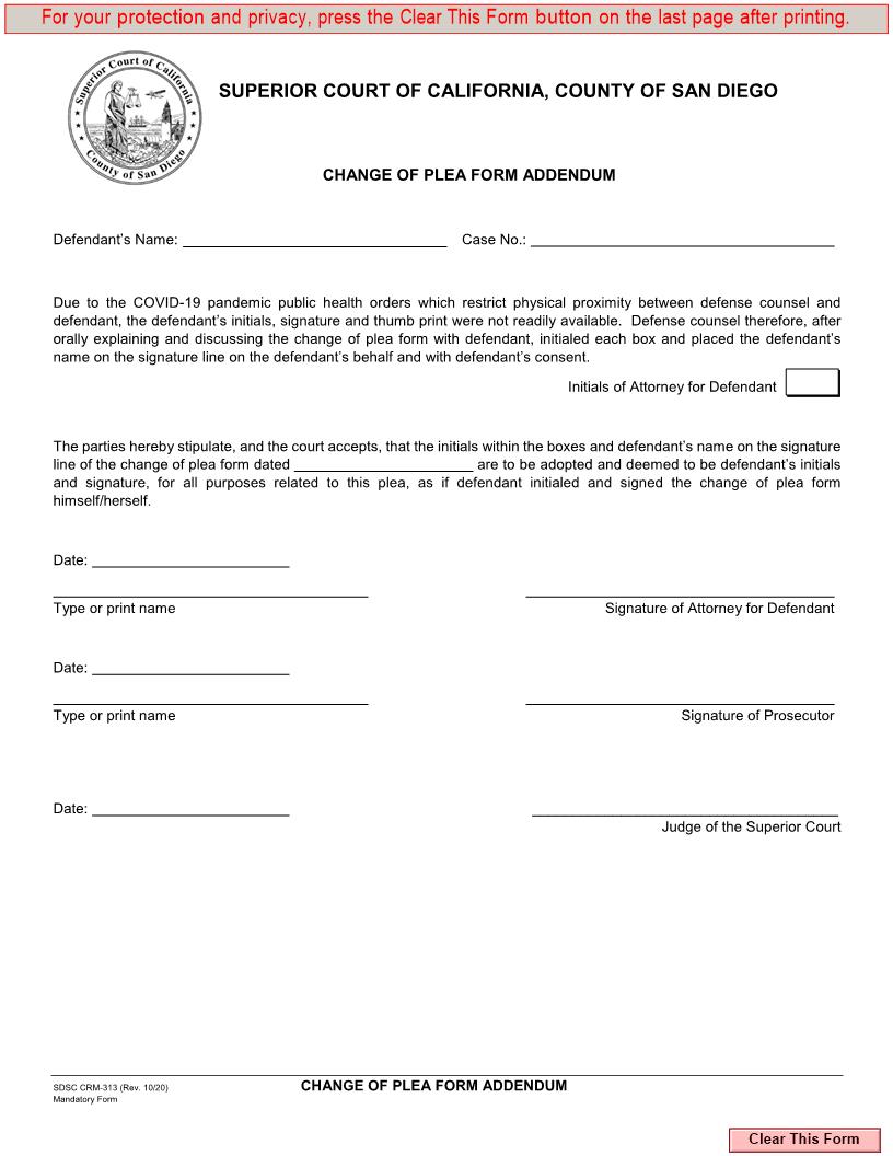 Change Of Plea Form Addendum {CRM-313} | Pdf Fpdf Docx | California