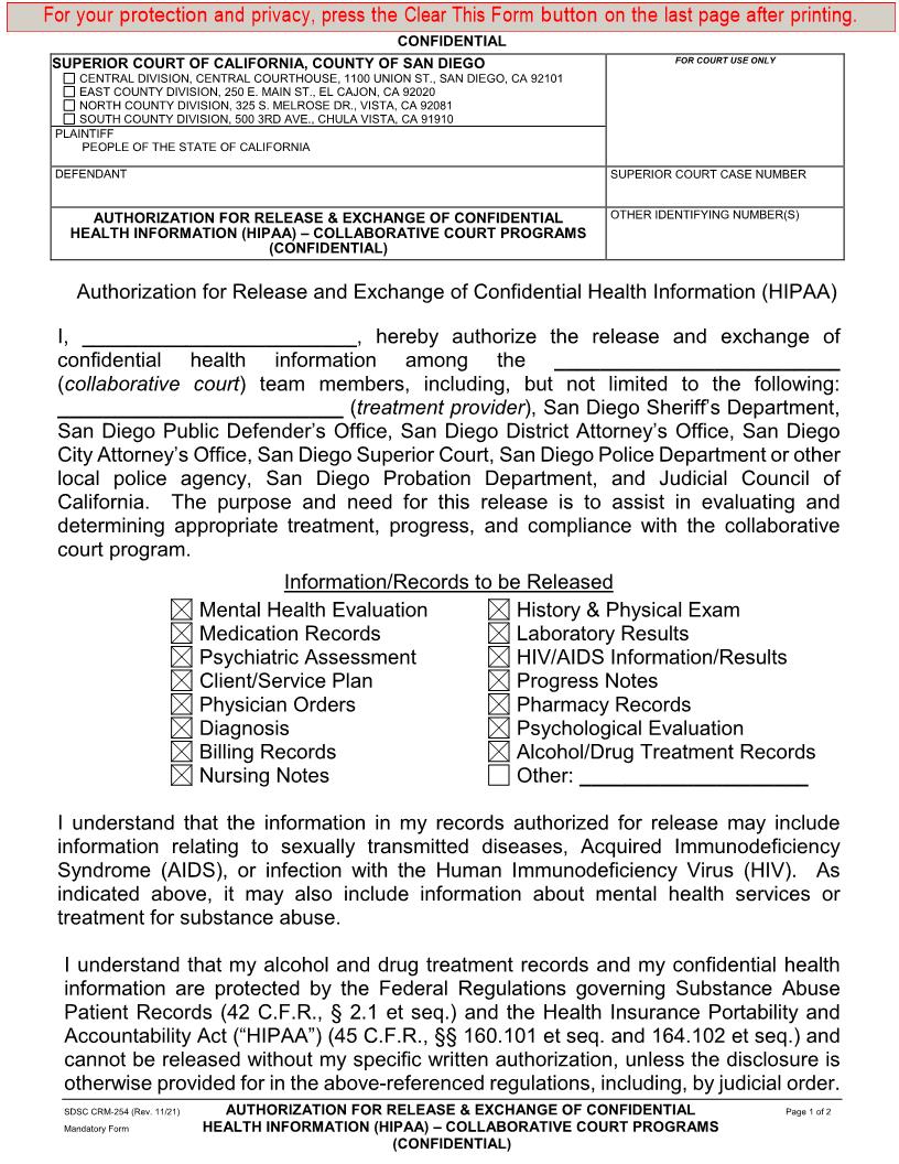 Consent For Release And Exchange Of Confidential Health Information {CRM-254} | Pdf Fpdf Doc Docx | California