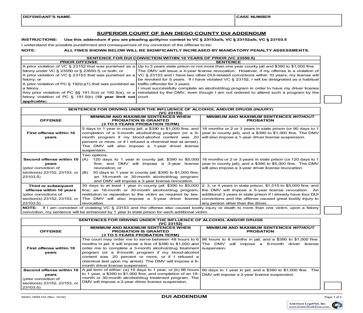 DUI Addendum (Print On Canary-Colored Paper) {CRM-133} | Pdf Fpdf Doc Docx | California