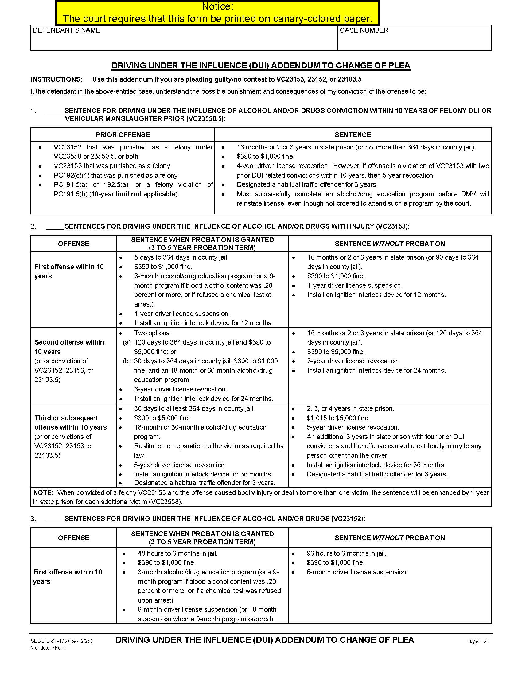 DUI Addendum (Print On Canary-Colored Paper) {CRM-133} | Pdf Fpdf Doc Docx | California