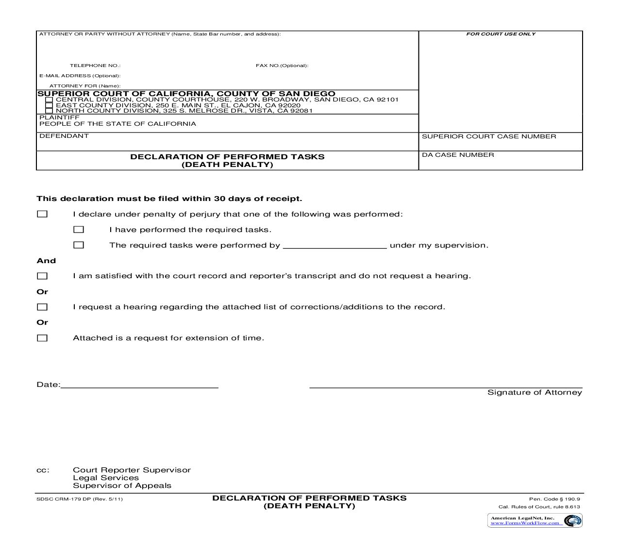 Declaration Of Performed Tasks (Death Penalty) {CRM-179 DP} | Pdf Fpdf Doc Docx | California
