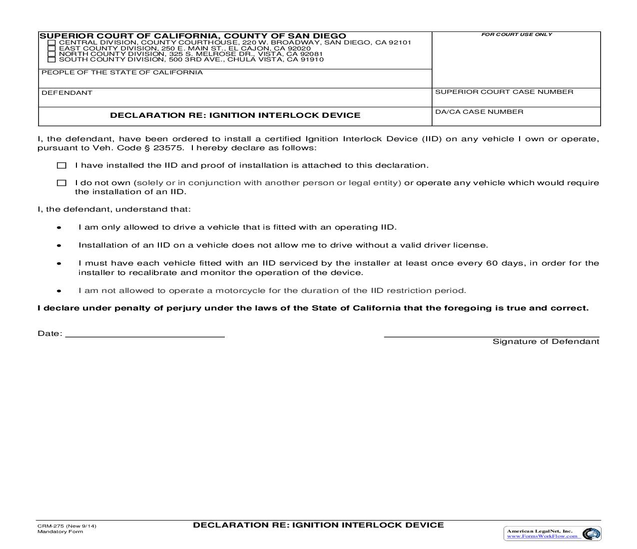 Declaration Re Ignition Interlock Device {CRM-275} | Pdf Fpdf Doc Docx | California