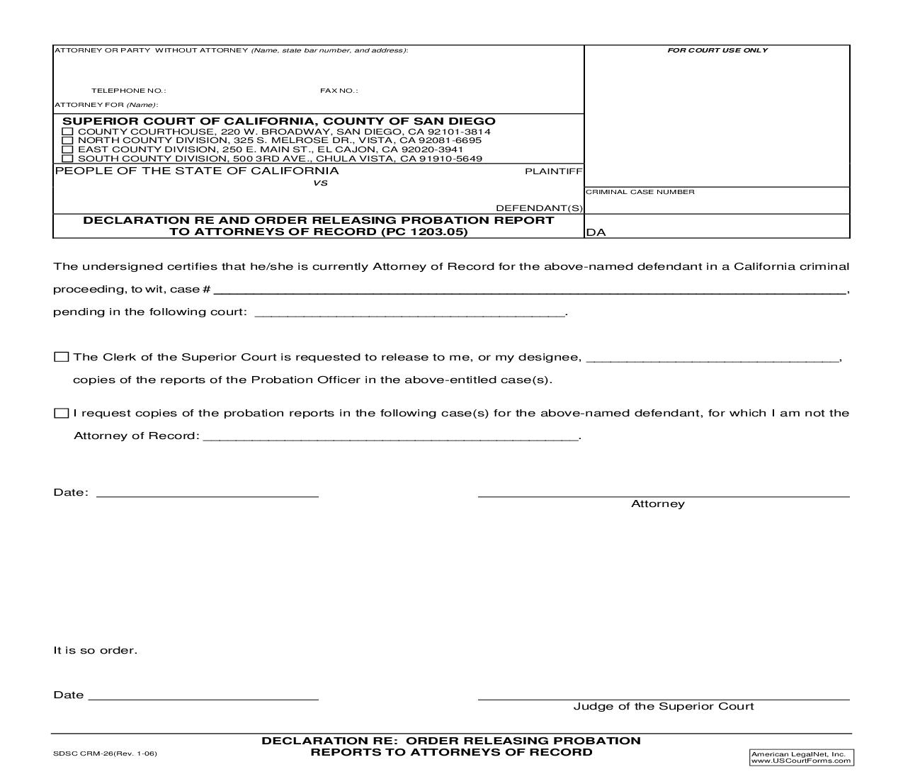 Declaration Re Order Releasing Probation Reports To Attorneys Of Record {CRM-26} | Pdf Fpdf Doc Docx | California