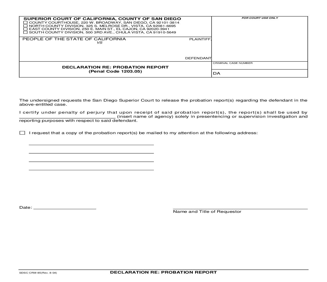 Declaration Re Probation Report {CRM-085} | Pdf Fpdf Doc Docx | California