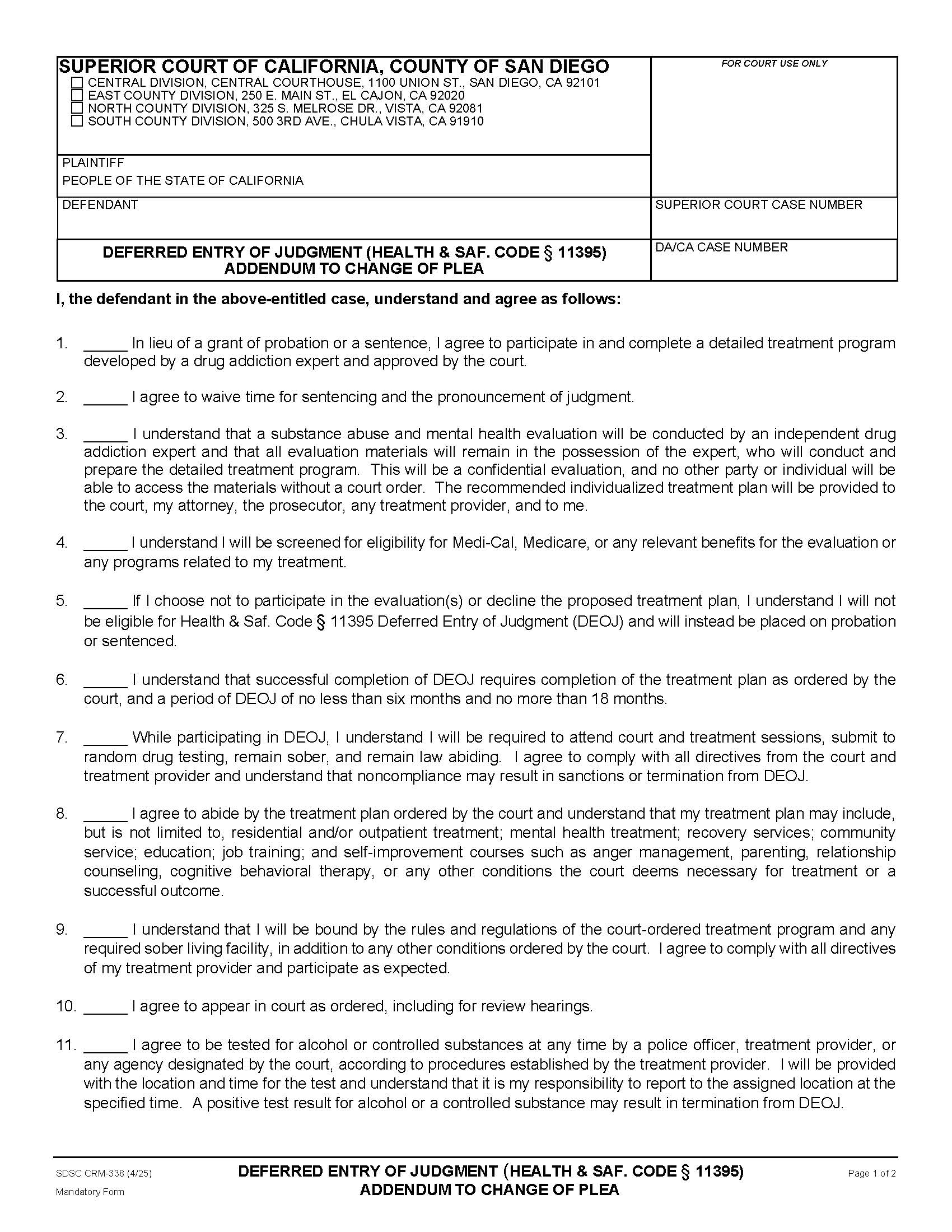 Deferred Entry Of Judgment (HS 11395) Addendum To Change Of Plea {CRM-338} | Pdf Fpdf Docx | California