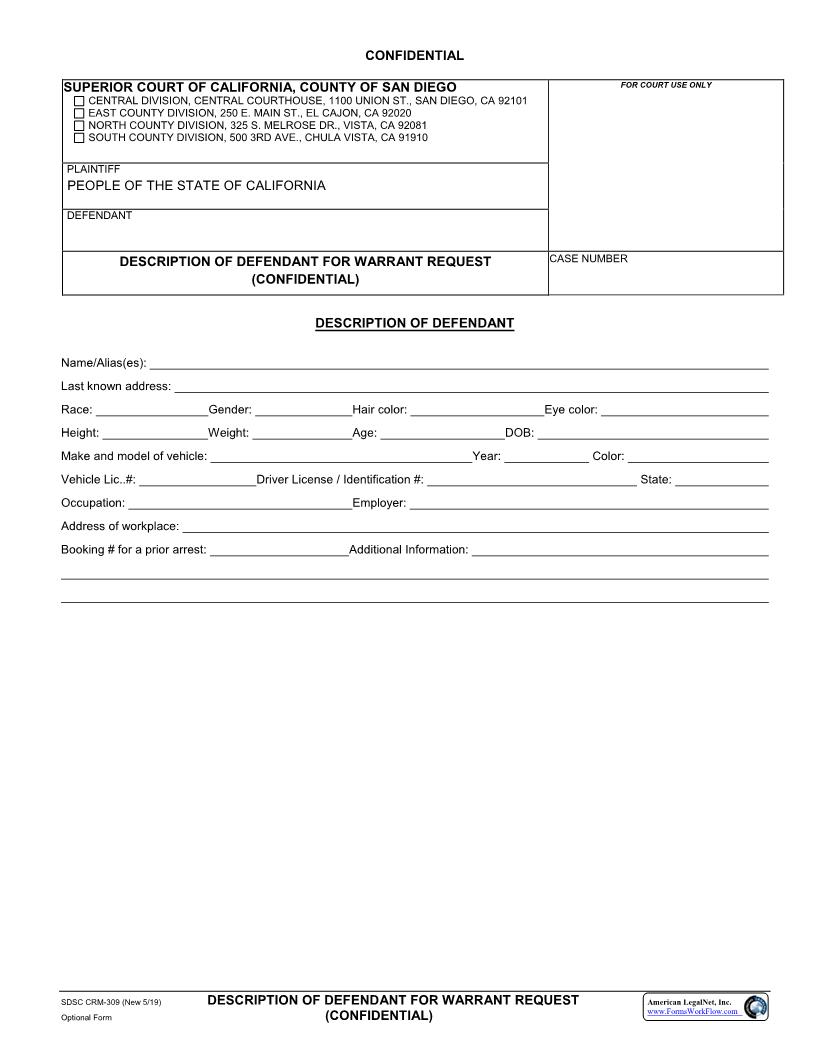 Description Of Defendant For Warrant Request (Confidential) {CRM-309} | Pdf Fpdf Docx | California