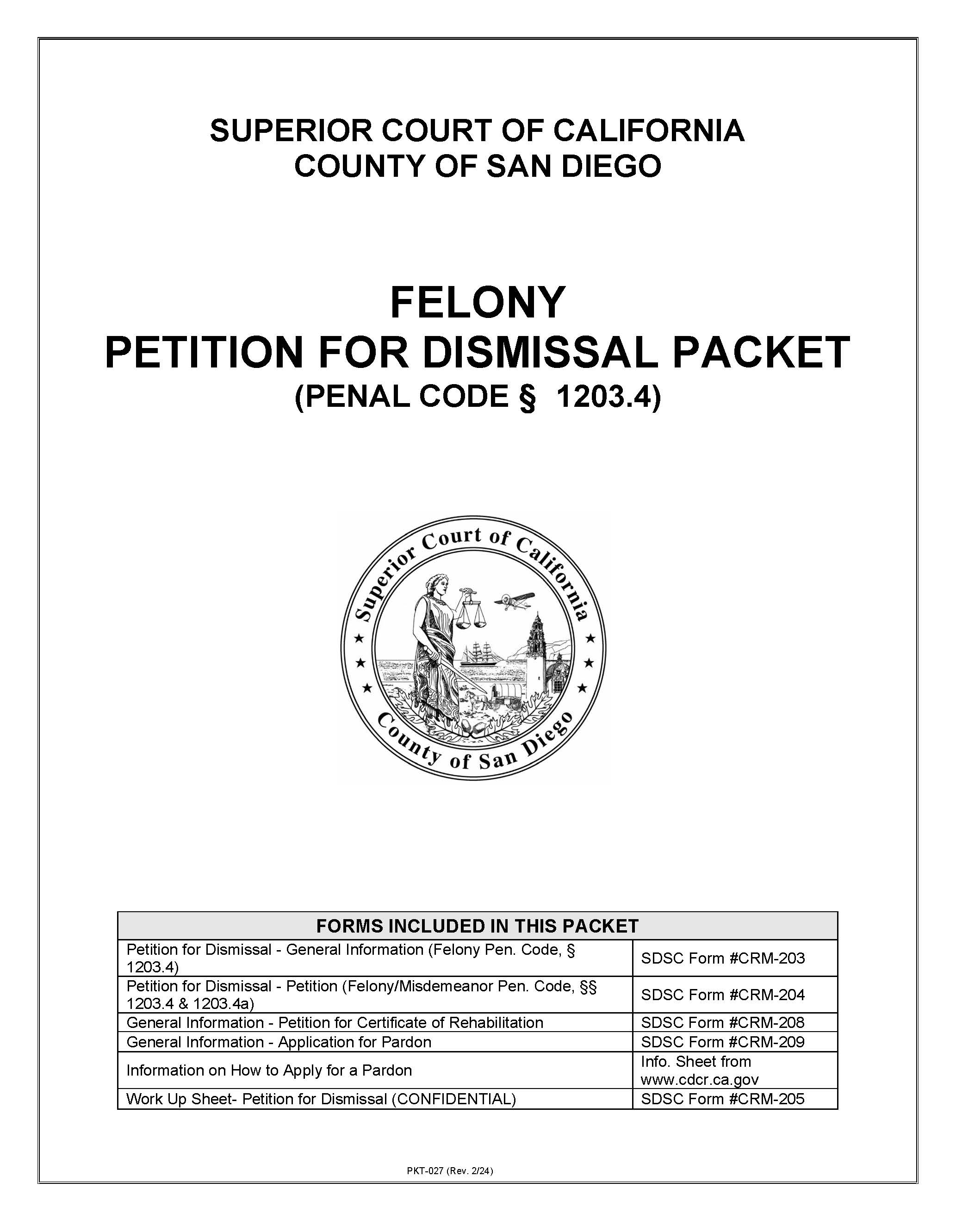 Felony Petition For Dismissal Packet (Penal Code 1203.4) {PKT-027} | Pdf Fpdf Docx | California
