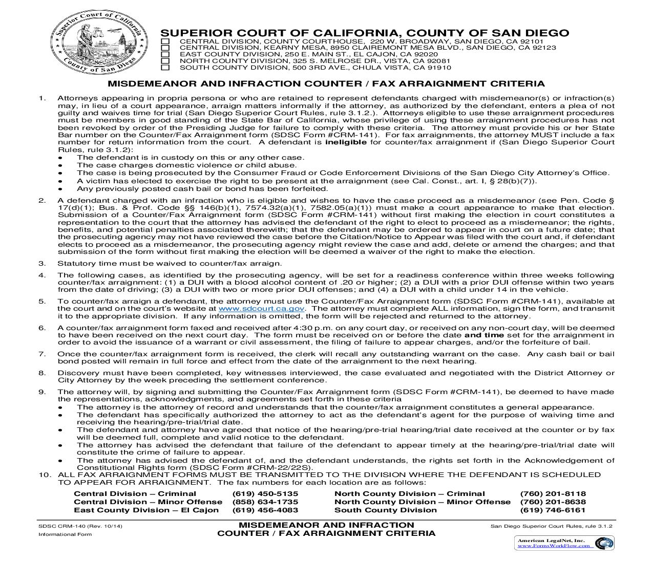 Misdemeanor And Infraction Counter-Fax Arraignment Criteria {CRM-140} | Pdf Fpdf Doc Docx | California