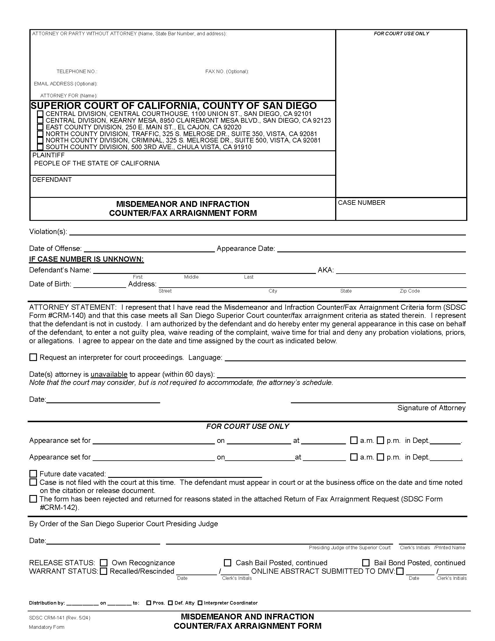 Misdemeanor And Infraction Counter-Fax Arraignment Form {CRM-141} | Pdf Fpdf Docx | California