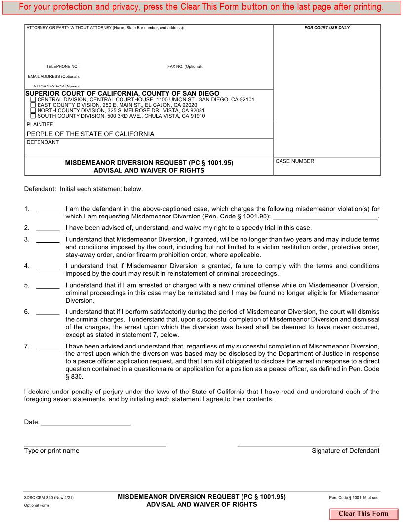 Misdemeanor Diversion Request (PC 1001.95) Advisal And Waiver Of Rights {CRM-320} | Pdf Fpdf Docx | California