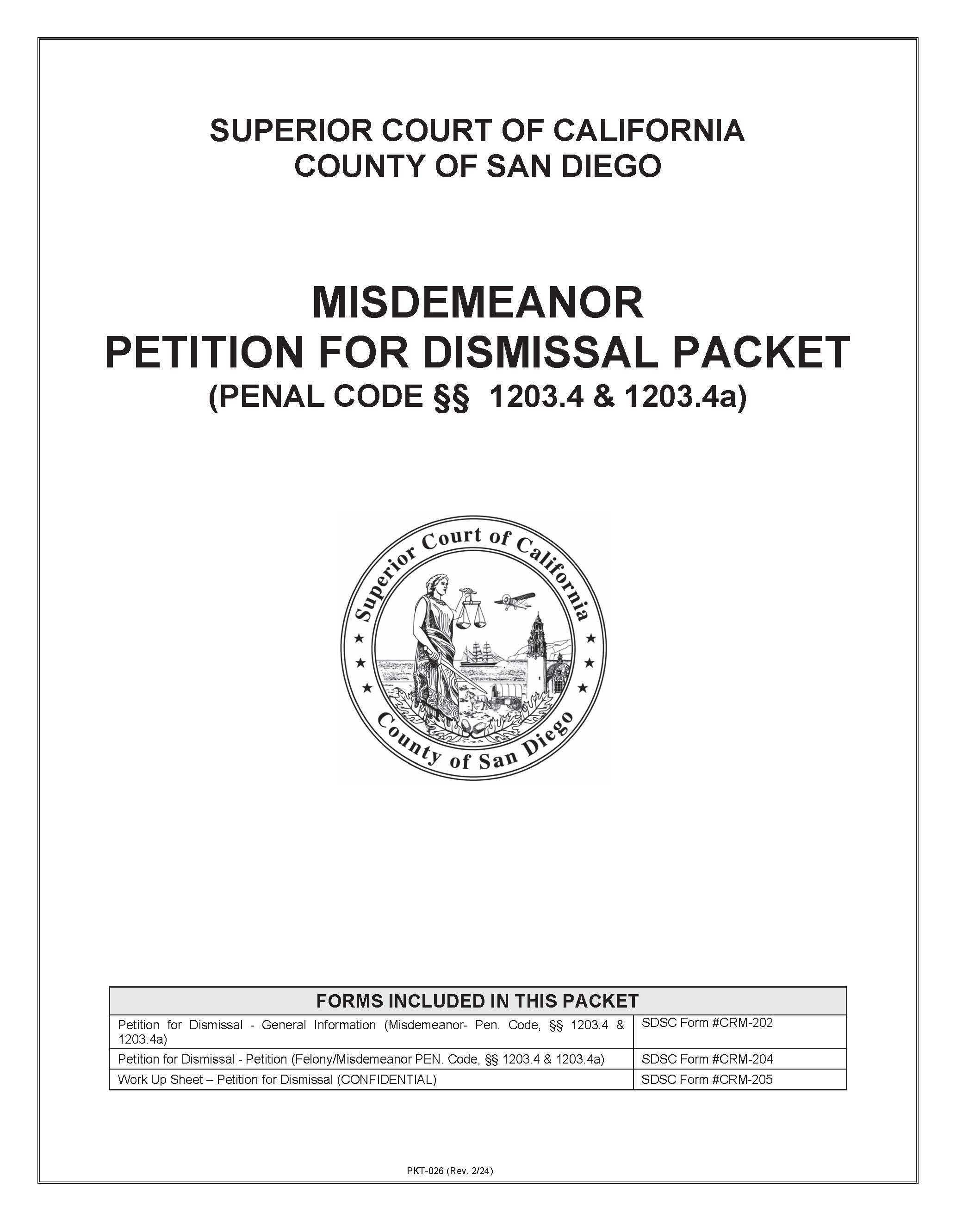 Misdemeanor Petition For Dismissal Packet {PKT-026} | Pdf Fpdf Docx | California
