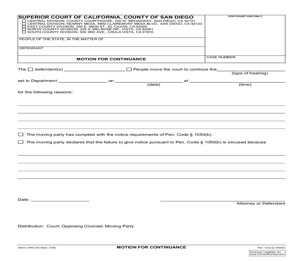 Motion For Continuance {CRM-230} | Pdf Fpdf Doc Docx | California