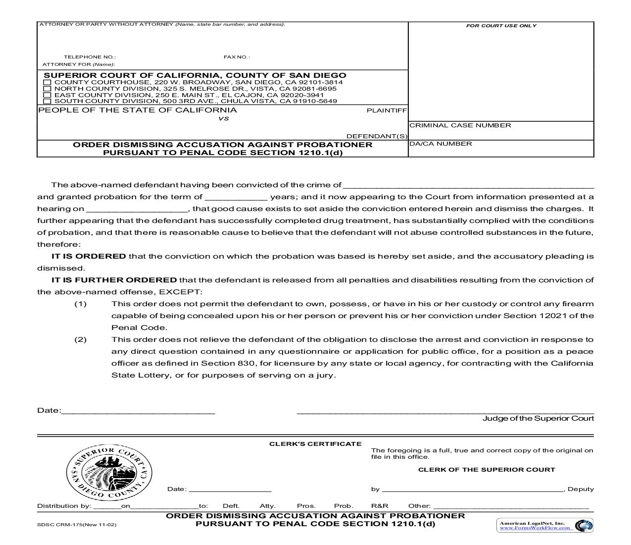 Order Dismissing Accusation Against Probationer {CRM-175} | Pdf Fpdf Doc Docx | California