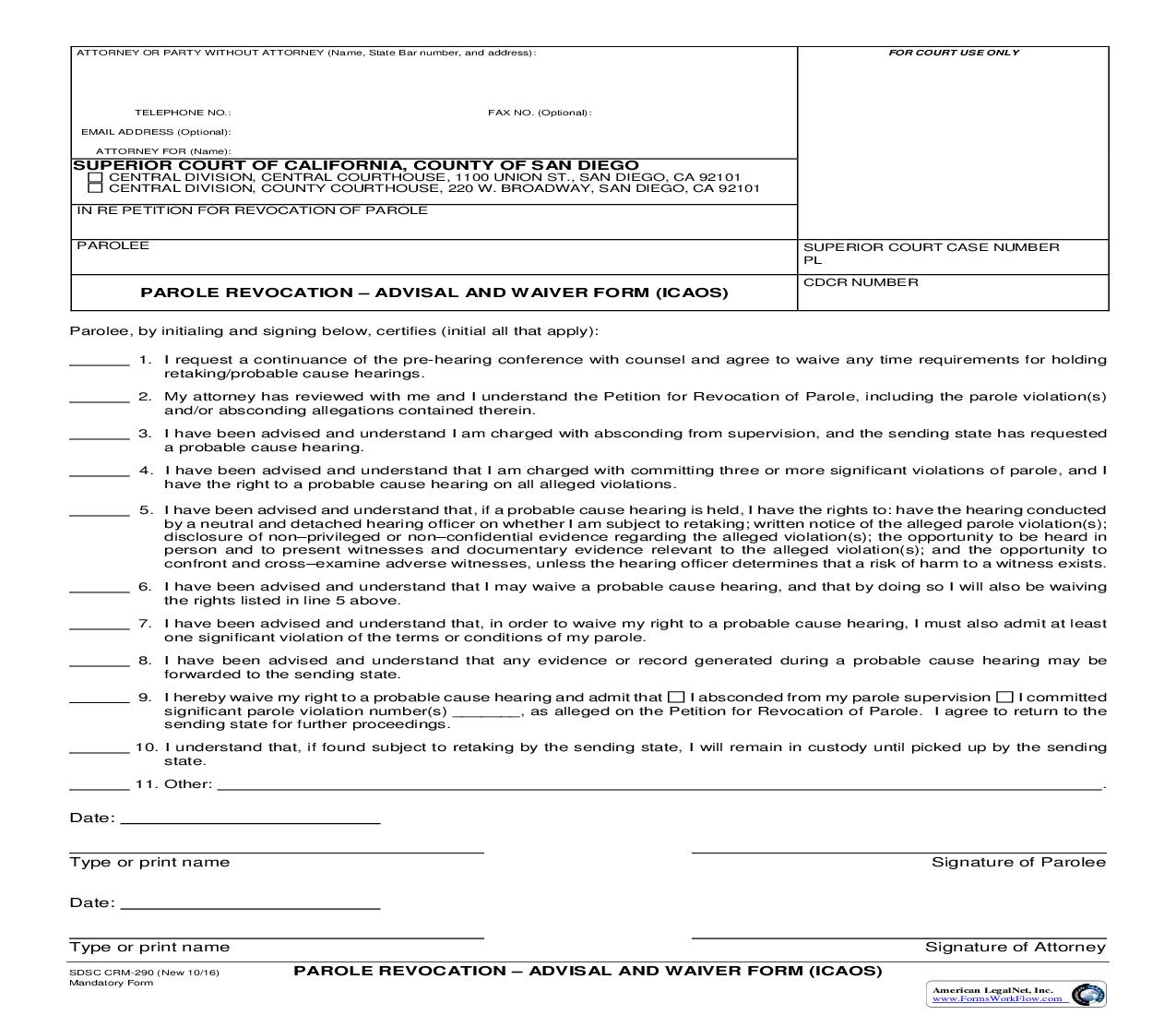 Parole Revocation-Advisal And Waiver Form (ICAOS) {CRM-290} | Pdf Fpdf Doc Docx | California