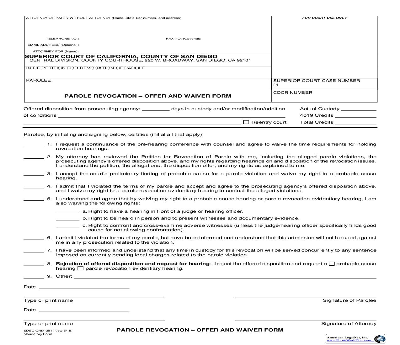 Parole Revocation-Offer And Waiver Form {CRM-281} | Pdf Fpdf Doc Docx | California