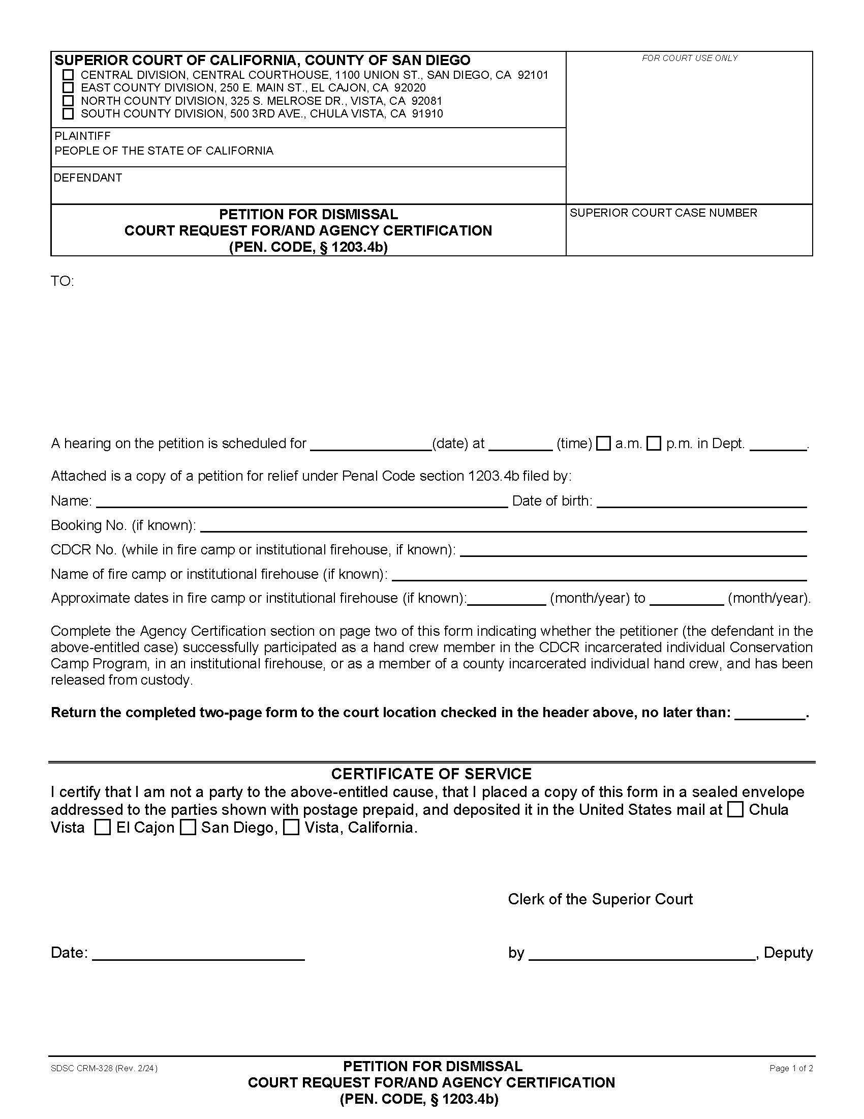 Petition For Dismissal-Court Request For Agency Certification {CRM-328} | Pdf Fpdf Docx | California