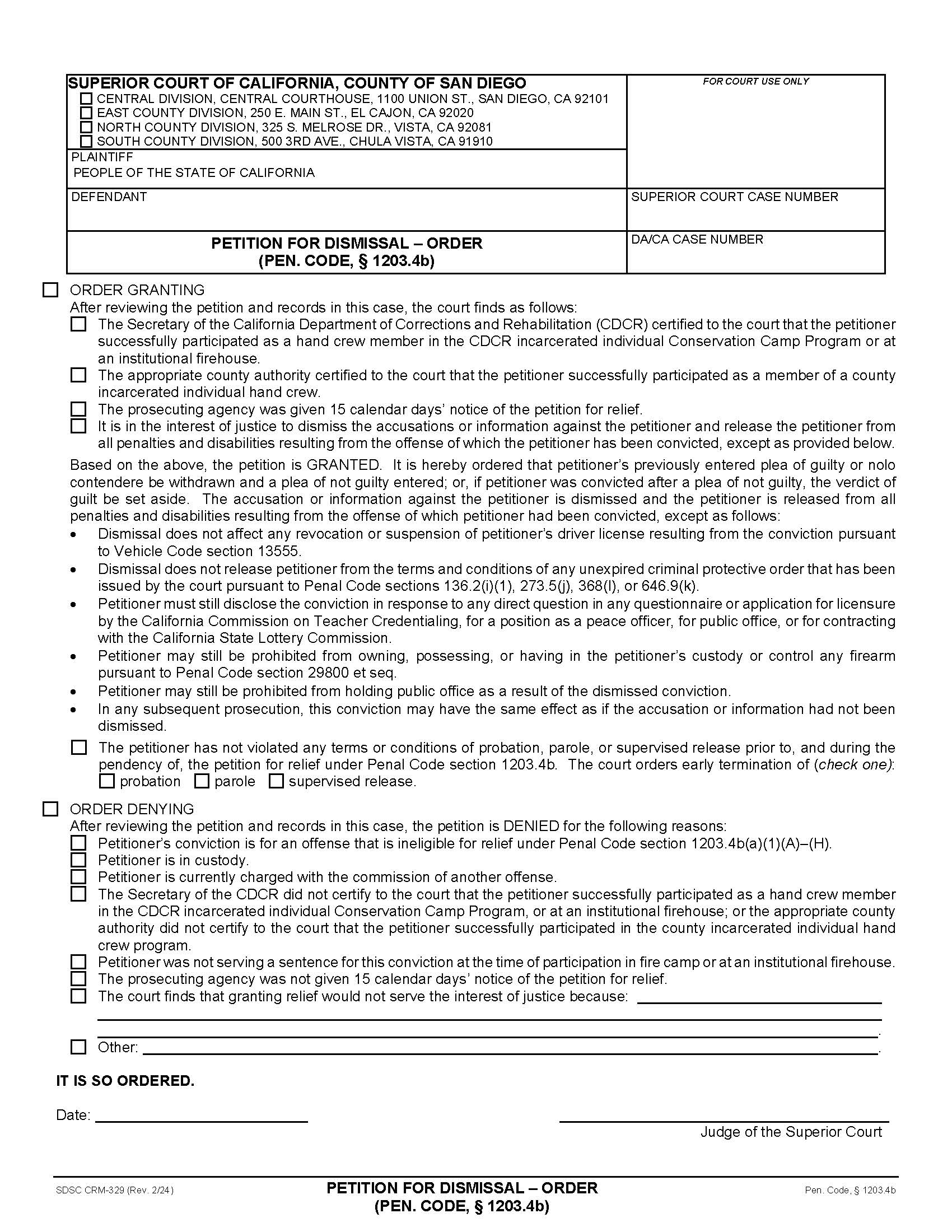 Petition For Dismissal-Order (Pen. Code 1203.4b) {CRM-329} | Pdf Fpdf Docx | California