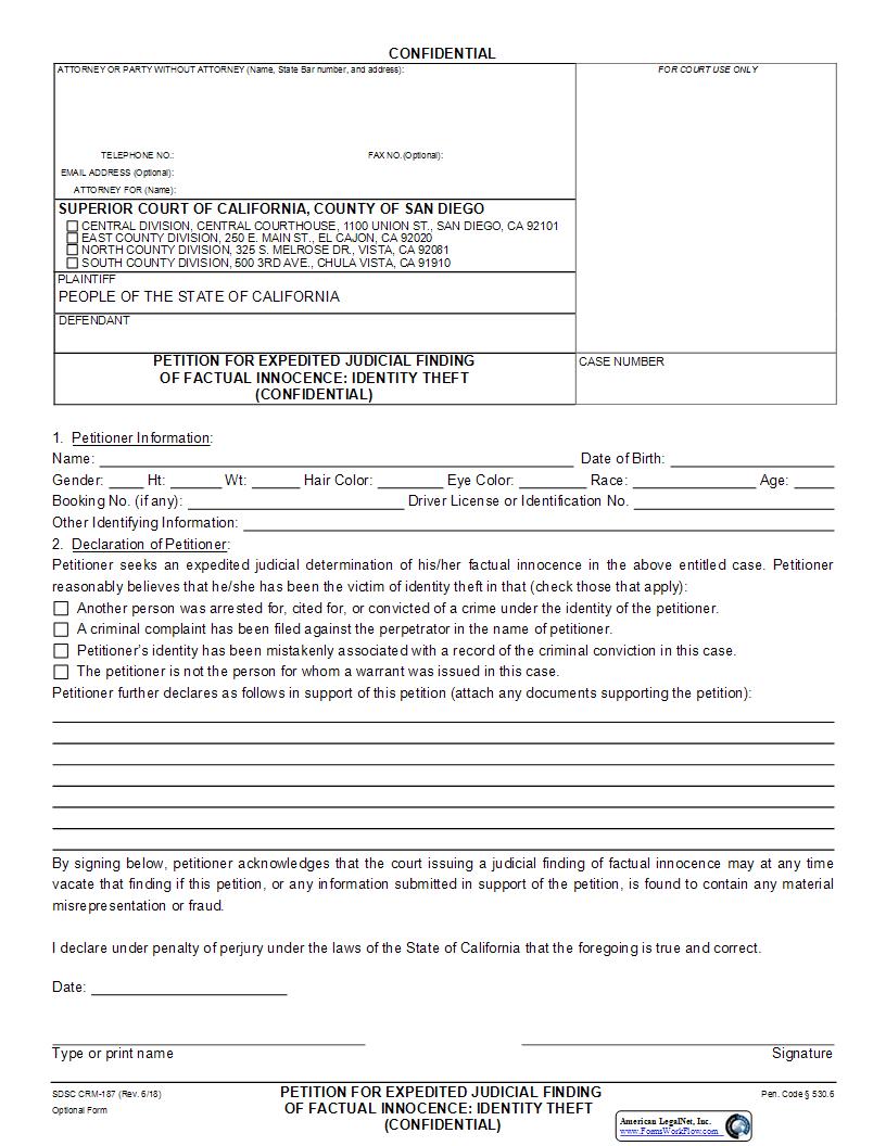 Petition For Expedited Judicial Finding Of Factual Innocence-Identity Theft {CRM-187} | Pdf Fpdf Docx | California