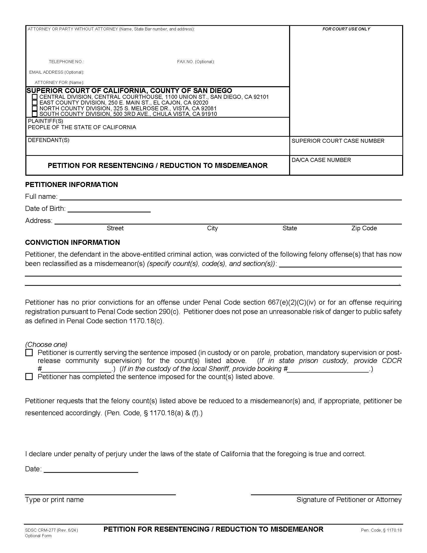 Petition For Resentencing-For Reduction To Misdemeanor {CRM-277} | Pdf Fpdf Doc Docx | California