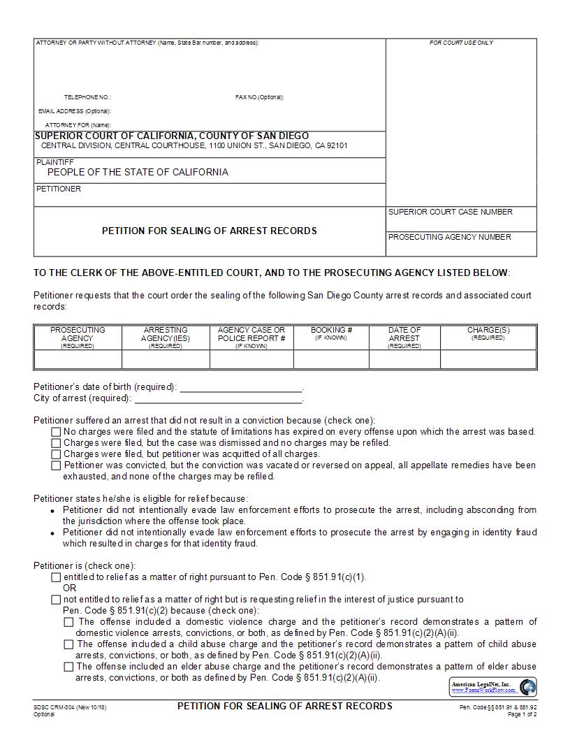 Petition For Sealing Of Arrest Records {CRM-304} | Pdf Fpdf Docx | California