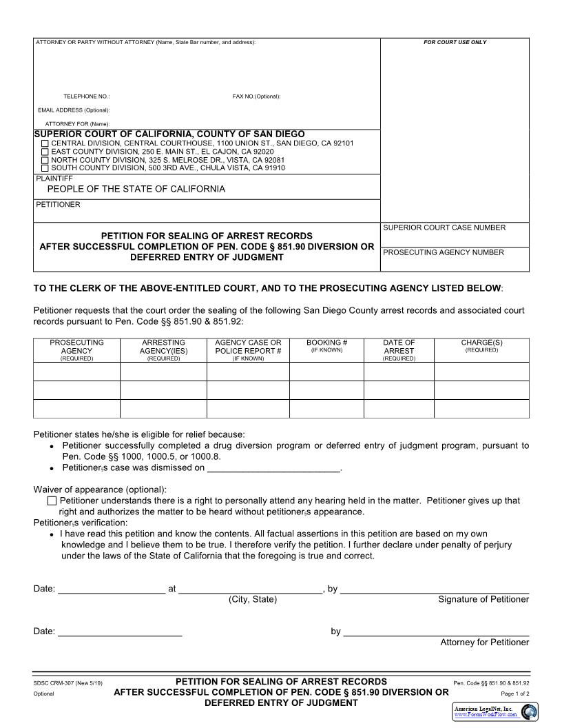 Petition For Sealing Of Arrest Records After Successful Completion {CRM-307} | Pdf Fpdf Docx | California