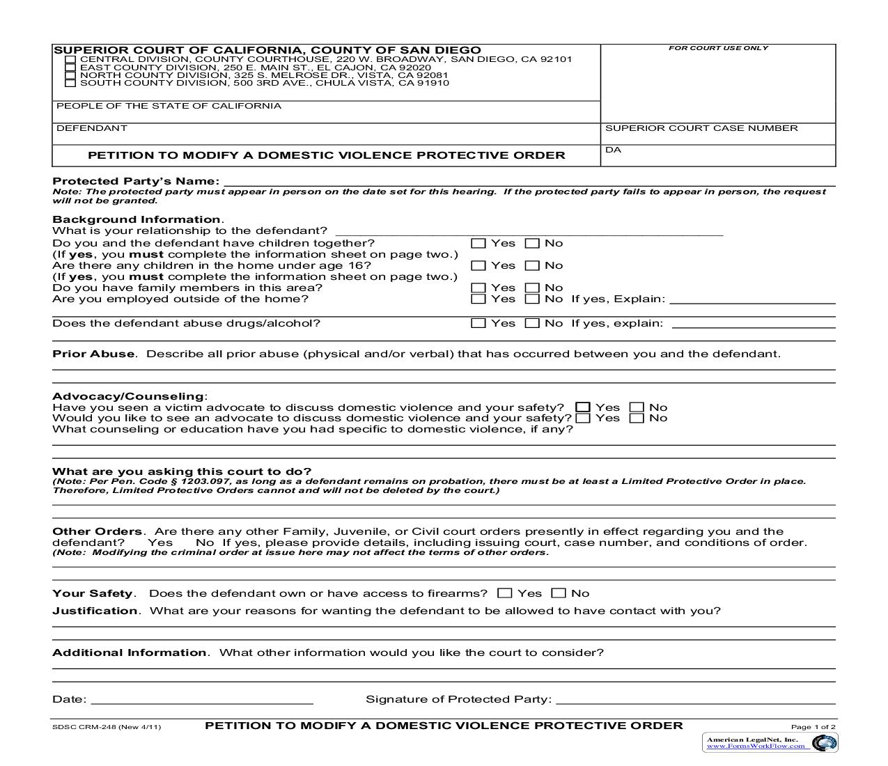 Petition To Modify A Domestic Violence Protective Order {CRM-248} | Pdf Fpdf Doc Docx | California