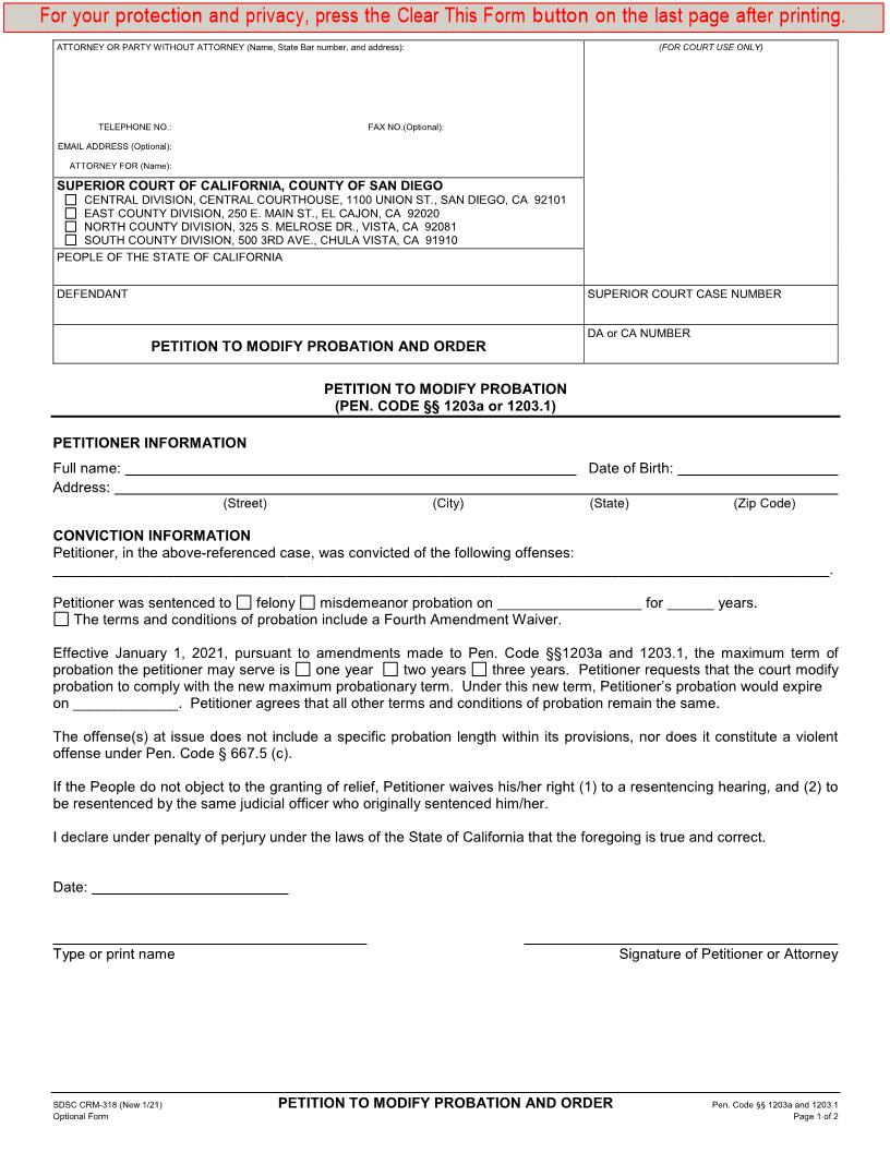 Petition To Modify Probation And Order {CRM-318} | Pdf Fpdf Docx | California