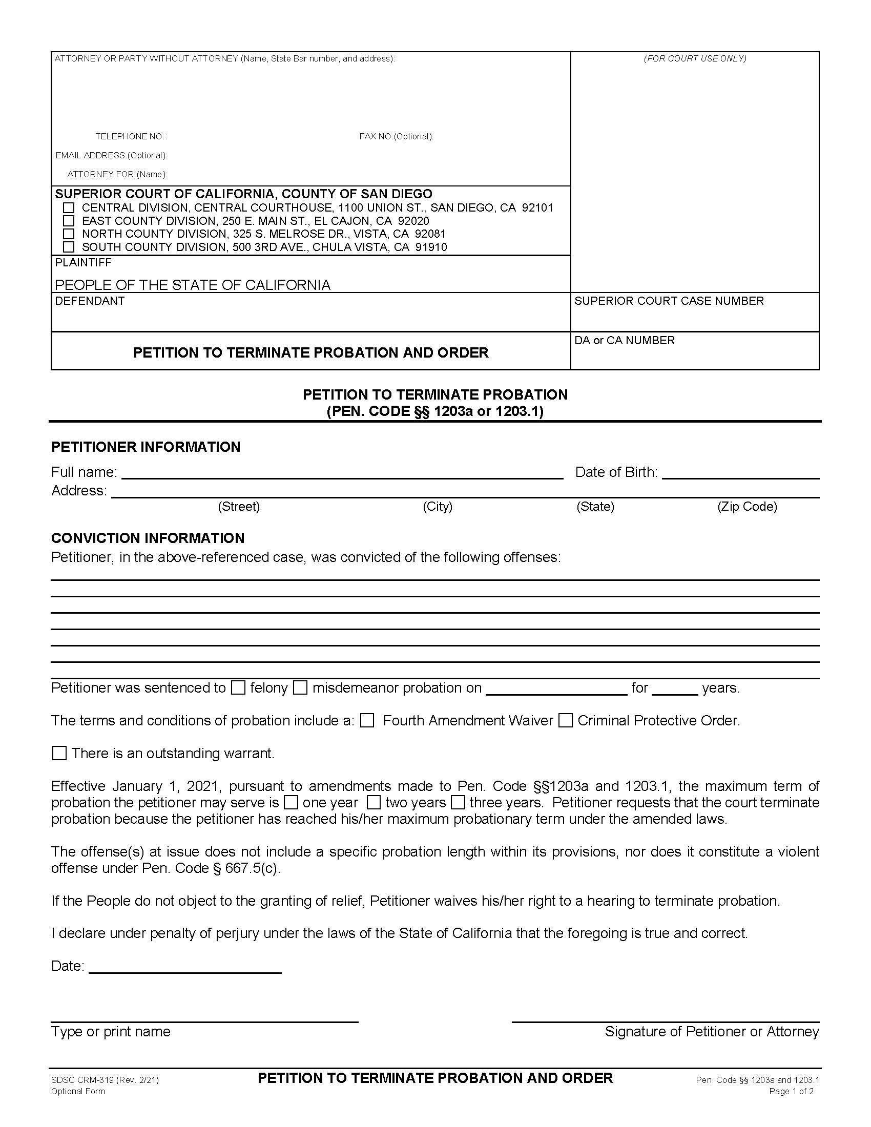 Petition To Terminate Probation And Order {CRM-319} | Pdf Fpdf Docx | California