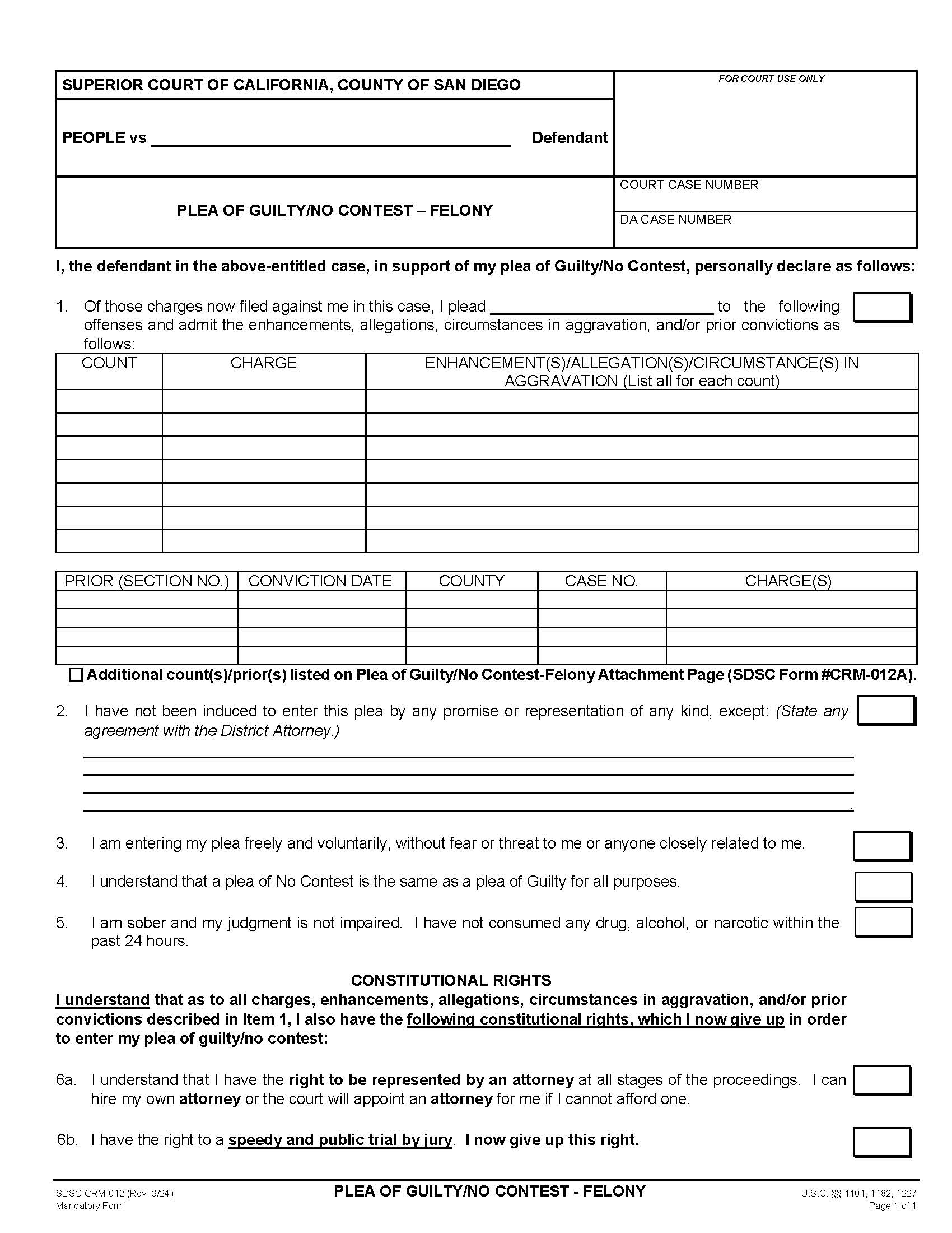 Plea Of Guilty-No Contest-Felony (Print On Blue-Colored Paper) {CRM-012} | Pdf Fpdf Doc Docx | California