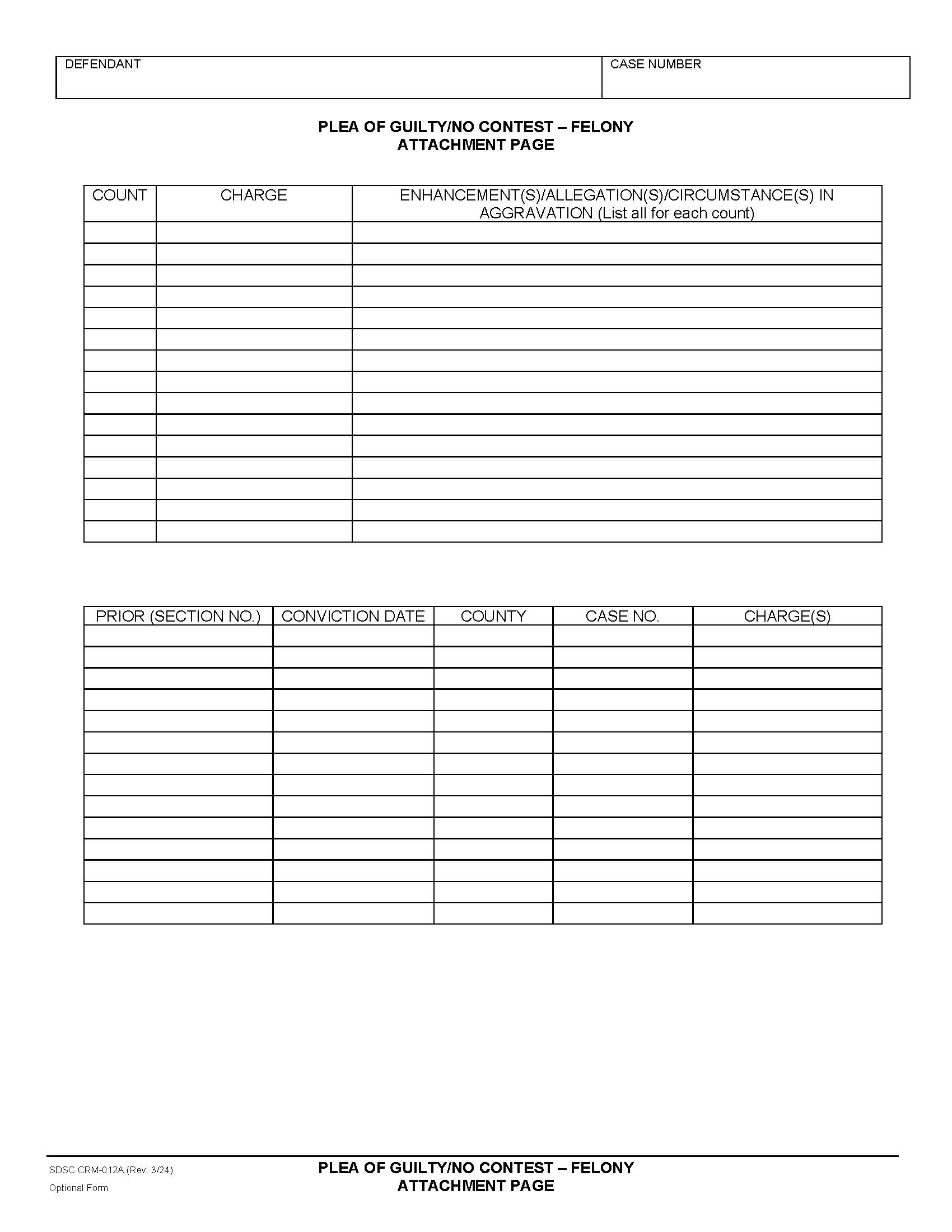 Plea Of Guilty-No Contest-Felony Attachment Page {CRM-012A} | Pdf Fpdf Docx | California