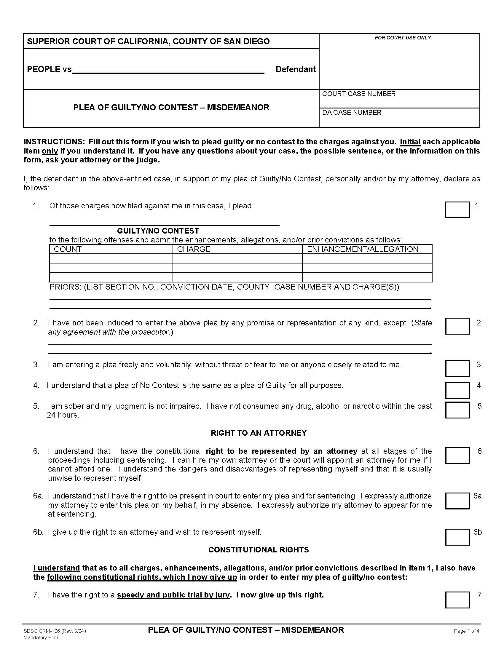 Plea Of Guilty-No Contest-Misdemeanor (Print On Goldenrod-Colored Paper) {CRM-126} | Pdf Fpdf Doc Docx | California