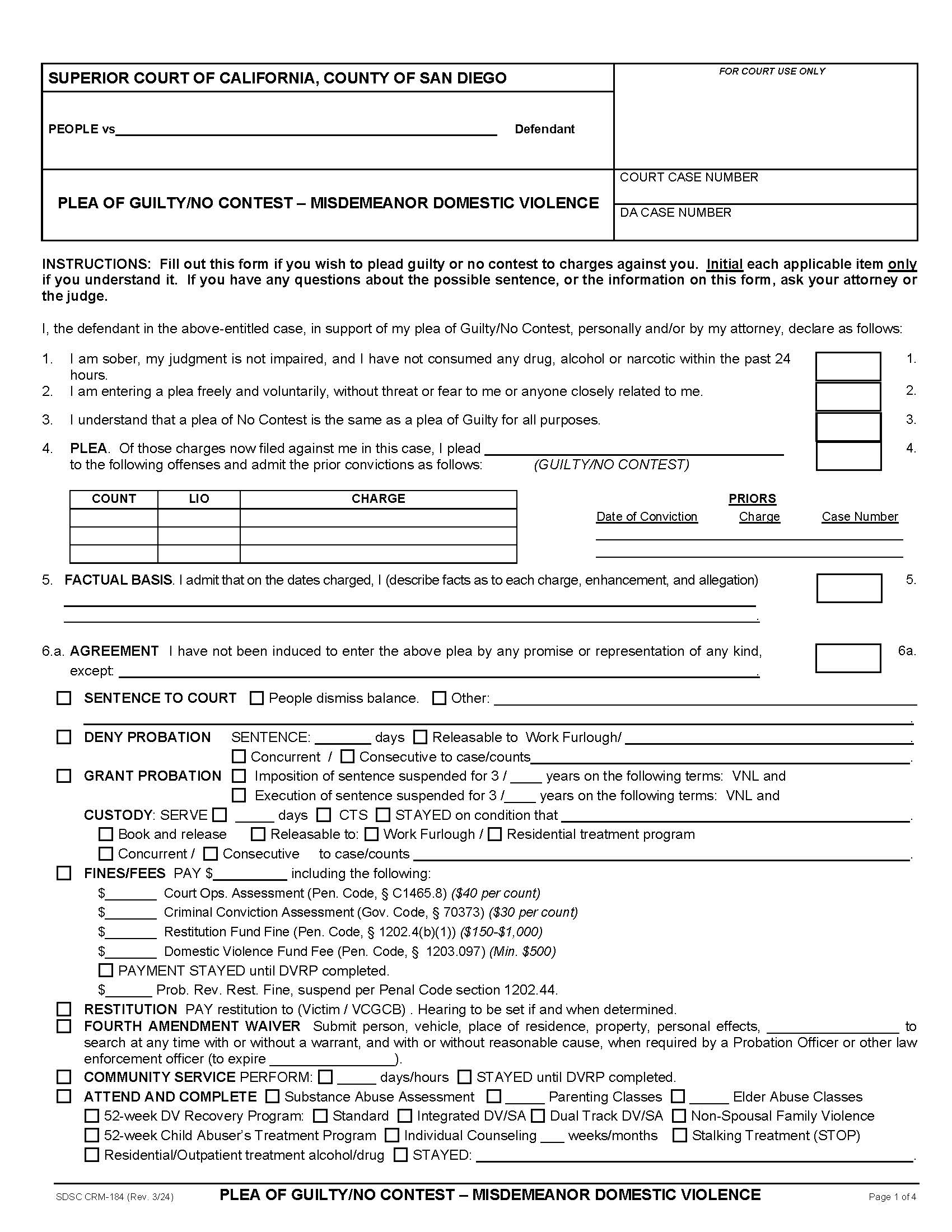 Plea Of Guilty-No Contest-Misdemeanor Domestic Violence (Print On Lavender-Colored Paper) {CRM-184} | Pdf Fpdf Doc Docx | California
