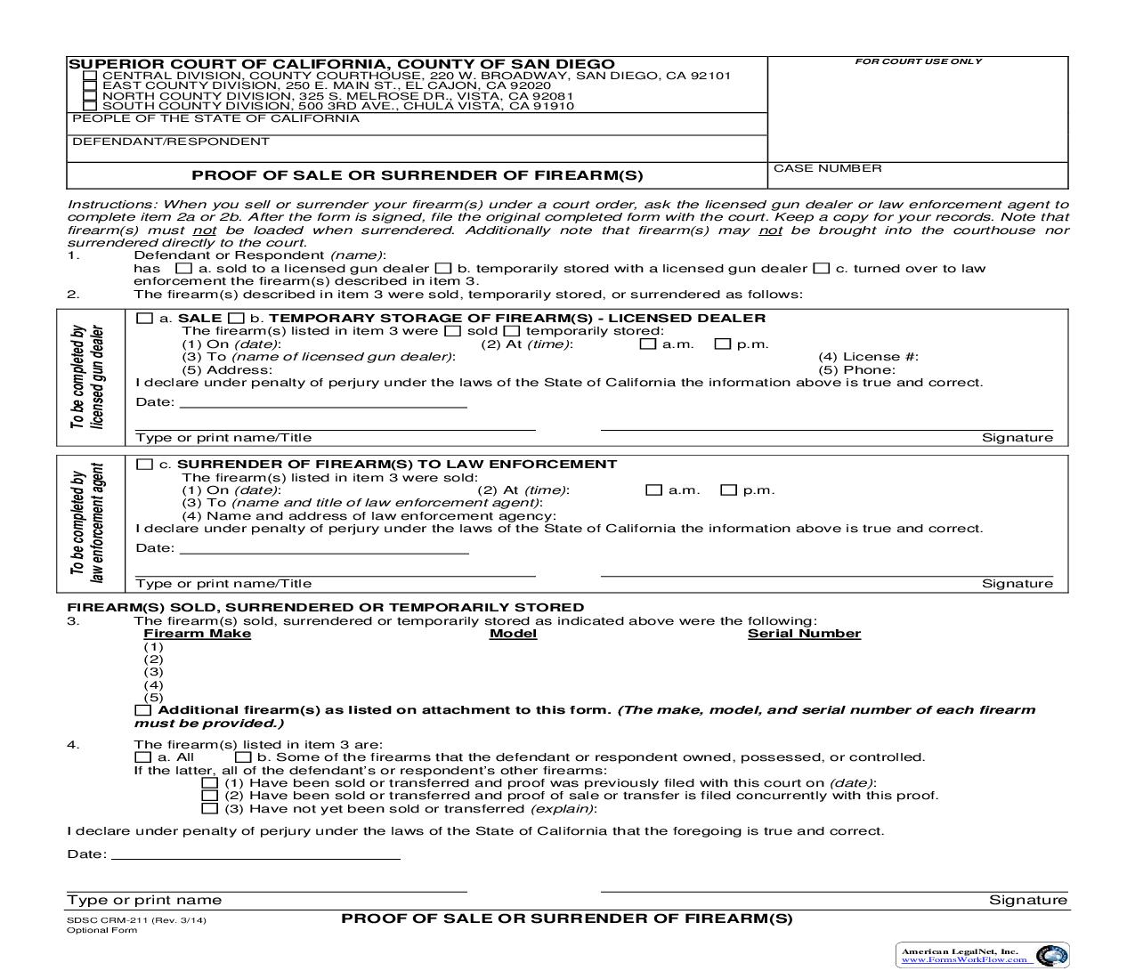 Proof Of Sale Or Surrender Of Firearm(s) {CRM-211} | Pdf Fpdf Doc Docx | California