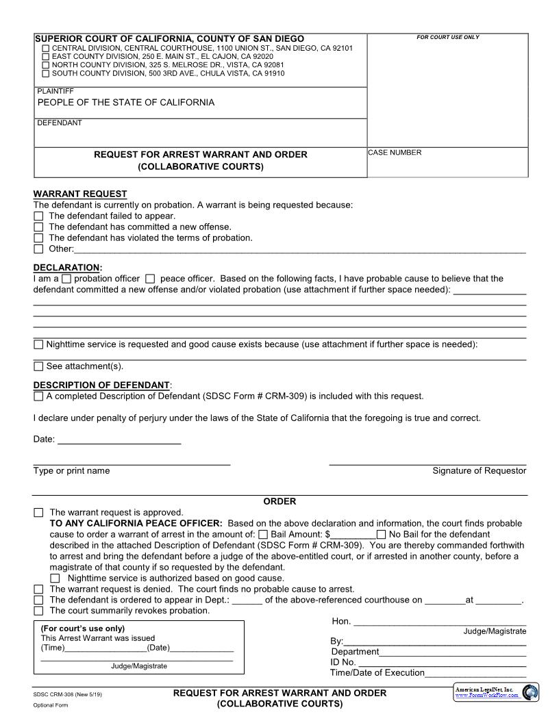 Request For Arrest Warrant And Order (Collaborative Courts) {CRM-308} | Pdf Fpdf Docx | California