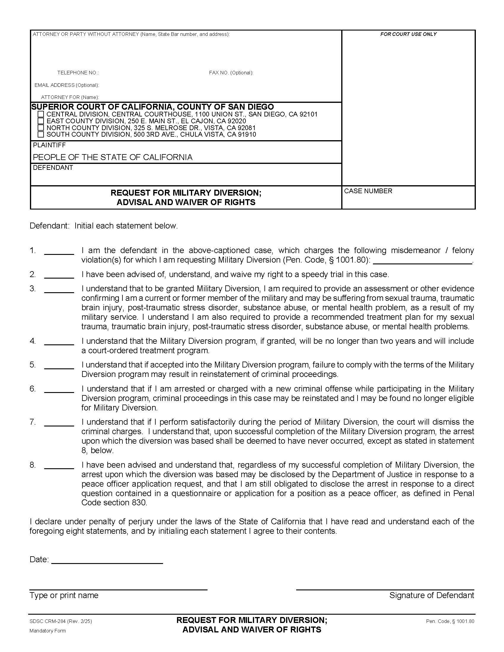 Request For Military Diversion Advisal And Waiver Of Rights {CRM-284} | Pdf Fpdf Doc Docx | California