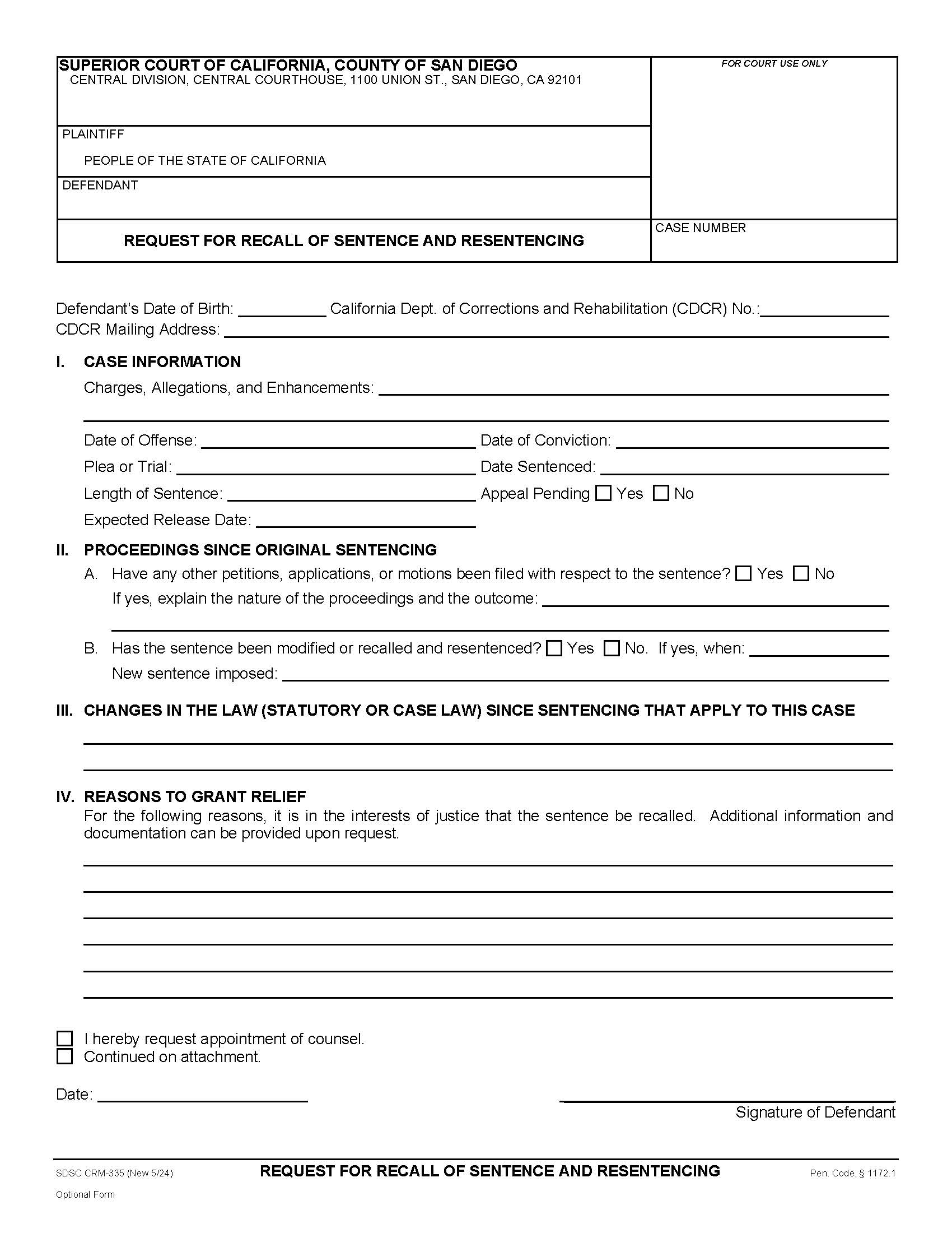 Request For Recall Of Sentence And Resentencing {CRM-335} | Pdf Fpdf Docx | California